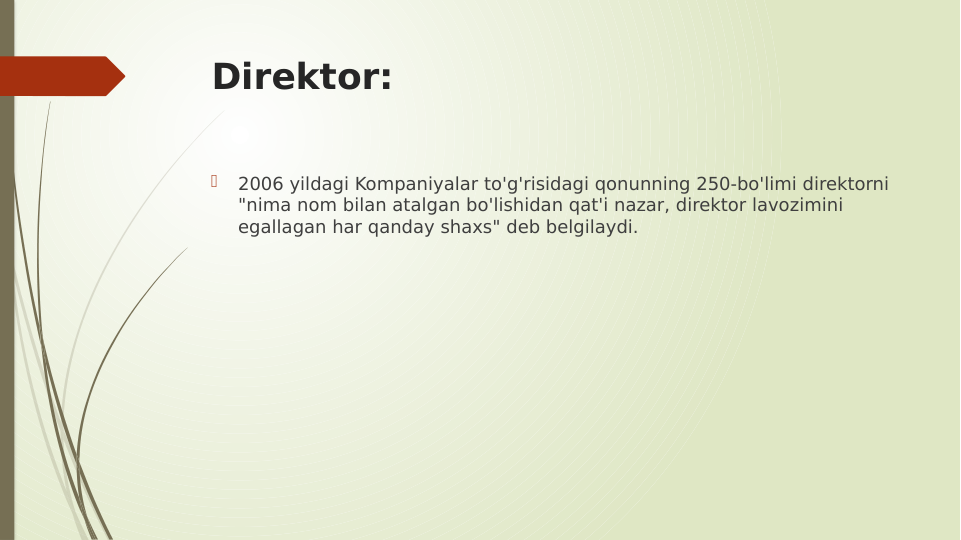 Direktor:

2006 yildagi Kompaniyalar to'g'risidagi qonunning 250-bo'limi direktorni 
"nima nom bilan atalgan bo'lishidan qat'i nazar, direktor lavozimini 
egallagan har qanday shaxs" deb belgilaydi.
