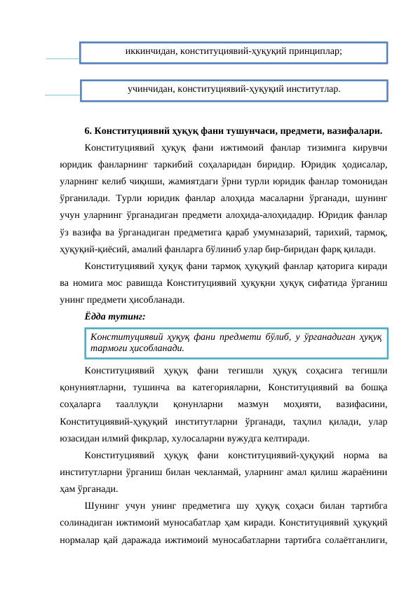 6. Конституциявий ҳуқуқ фани тушунчаси, предмети, вазифалари. 
Конституциявий  ҳуқуқ  фани  ижтимоий  фанлар  тизимига  кирувчи
юридик  фанларнинг  таркибий  соҳаларидан  биридир.  Юридик  ҳодисалар,
уларнинг келиб чиқиши, жамиятдаги ўрни турли юридик фанлар томонидан
ўрганилади.  Турли юридик  фанлар  алоҳида  масаларни  ўрганади,  шунинг
учун уларнинг ўрганадиган предмети алоҳида-алоҳидадир. Юридик фанлар
ўз вазифа ва ўрганадиган предметига қараб умумназарий, тарихий, тармоқ,
ҳуқуқий-қиёсий, амалий фанларга бўлиниб улар бир-биридан фарқ қилади. 
Конституциявий ҳуқуқ фани тармоқ ҳуқуқий фанлар қаторига киради
ва номига мос равишда Конституциявий ҳуқуқни ҳуқуқ сифатида ўрганиш
унинг предмети ҳисобланади. 
Ёдда тутинг:
Конституциявий  ҳуқуқ  фани  тегишли  ҳуқуқ  соҳасига  тегишли
қонуниятларни,  тушинча  ва  категорияларни,  Конституциявий  ва  бошқа
соҳаларга  тааллуқли  қонунларни  мазмун  моҳияти,  вазифасини,
Конституциявий-ҳуқуқий  институтларни  ўрганади,  таҳлил  қилади,  улар
юзасидан илмий фикрлар, хулосаларни вужудга келтиради. 
Конституциявий  ҳуқуқ  фани  конституциявий-ҳуқуқий  норма  ва
институтларни ўрганиш билан чекланмай, уларнинг амал қилиш жараёнини
ҳам ўрганади.
Шунинг  учун  унинг  предметига  шу  ҳуқуқ  соҳаси  билан  тартибга
солинадиган ижтимоий муносабатлар ҳам киради. Конституциявий ҳуқуқий
нормалар қай даражада ижтимоий муносабатларни тартибга солаётганлиги,
учинчидан, конституциявий-ҳуқуқий институтлар.
иккинчидан, конституциявий-ҳуқуқий принциплар;
Конституциявий ҳуқуқ фани предмети бўлиб, у ўрганадиган ҳуқуқ
тармоғи ҳисобланади.
