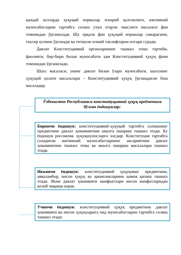 қандай  ҳолларда  ҳуқуқий  нормалар  эскириб  қолганлиги,  ижтимоий
муносабатларни  тартибга  солиш  учун  етарли  эмаслиги  масаласи  фан
томонидан  ўрганилади.  Шу  орқали  фан  ҳуқуқий  нормалар  самарасини,
таъсир кучини ўрганади ва тегишли илмий таклифларни илгари суради.
Давлат  Конституциявий  органларининг  ташкил  этиш  тартиби,
фаолияти,  бир-бири  билан  муносабати  ҳам  Конституциявий  ҳуқуқ  фани
томонидан ўрганилади. 
Шахс  масаласи,  унинг  давлат  билан  ўзаро  муносабати,  шахснинг
ҳуқуқий  ҳолати  масалалари  –  Конституциявий  ҳуқуқ  ўрганадиган  бош
масаладир. 
Ўзбекистон Республикаси конституциявий ҳуқуқ предметига
бўлган ёндошувлар:
Биринчи  ёндошув: конституциявий-ҳуқуқий  тартибга  солишнинг
предметини давлат ҳокимиятини амалга ошириш ташкил этади. Бу
ёндошув россиялик ҳуқуқшуносларга хосдир. Конституция тартибга
соладиган  ижтимоий  муносабатларнинг  аксариятини  давлат
ҳокимиятини  ташкил  этиш  ва  амалга  ошириш  масалалари  ташкил
этади.
Иккинчи  ёндошув: 
конституциявий  ҳуқуқнинг  предметини,
авваламбор,  инсон  ҳуқуқ  ва  эркинликларини ҳимоя  қилиш  ташкил
этади.  Яъни  давлат  ҳокимияти  манфаатлари  инсон  манфатларидан
келиб чиқиши керак.
Учинчи  ёндошув:
 конституциявий  ҳуқуқ  предметини  давлат
ҳокимияти ва инсон ҳуқуқларига оид муносабатларни тартибга солиш
ташкил этади.
