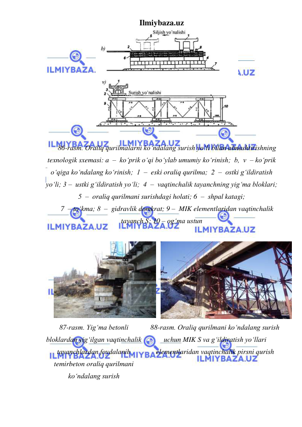 Ilmiybaza.uz 
 
 
 
86-rasm. Oraliq qurilmalarni ko‘ndalang surish yo‘li bilan almashtirishning 
texnologik sxemasi: a  –  ko‘prik o‘qi bo‘ylab umumiy ko‘rinish;  b,  v  – ko‘prik 
o‘qiga ko‘ndalang ko‘rinish;  1  –  eski oraliq qurilma;  2  –  ostki g‘ildiratish 
yo‘li; 3 –  ustki g‘ildiratish yo‘li;  4  –  vaqtinchalik tayanchning yig‘ma bloklari;  
5  –  oraliq qurilmani surishdagi holati; 6  –  shpal katagi;   
7  – to‘kma; 8  –  gidravlik domkrat; 9 –  MIK elementlaridan vaqtinchalik 
tayanch S; 10 – og‘ma ustun 
 
 
 
87-rasm. Yig‘ma betonli 
bloklardan yig‘ilgan vaqtinchalik 
tayanchlardan foydalanib 
temirbeton oraliq qurilmani 
ko‘ndalang surish 
88-rasm. Oraliq qurilmani ko‘ndalang surish 
uchun MIK S va g‘ildiratish yo‘llari 
elementlaridan vaqtinchalik pirsni qurish 
 
