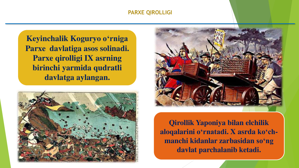 PARXE QIROLLIGI
Keyinchalik Koguryo o‘rniga
Parxe davlatiga asos solinadi. 
Parxe qirolligi IX asrning
birinchi yarmida qudratli
davlatga aylangan. 
Qirollik Yaponiya bilan elchilik
aloqalarini o‘rnatadi. X asrda ko‘ch-
manchi kidanlar zarbasidan so‘ng
davlat parchalanib ketadi.
