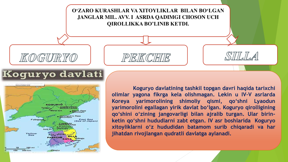 O‘ZARO KURASHLAR VA XITOYLIKLAR  BILAN BO‘LGAN 
JANGLAR MIL. AVV. I  ASRDA QADIMGI CHOSON UCH 
QIROLLIKKA BO’LINIB KETDI.
Koguryo davlatining tashkil topgan davri haqida tarixchi
olimlar yagona fikrga kela olishmagan. Lekin u IV–V asrlarda
Koreya
yarimorolining
shimoliy
qismi,
qo‘shni
Lyaodun
yarimorolini egallagan yirik davlat bo‘lgan. Koguryo qirolligining
qo‘shini o‘zining jangovarligi bilan ajralib turgan. Ular birin-
ketin qo‘shni hududlarni zabt etgan. IV asr boshlarida Koguryo
xitoyliklarni o‘z hududidan batamom surib chiqaradi va har
jihatdan rivojlangan qudratli davlatga aylanadi.
