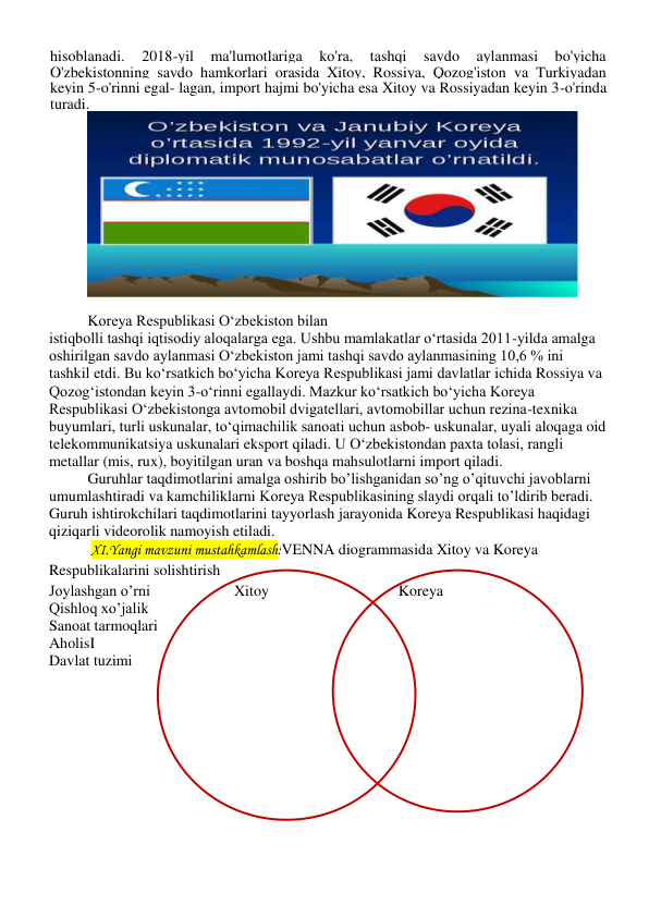 hisoblanadi. 
2018-yil 
ma'lumotlariga 
ko'ra, 
tashqi 
savdo 
aylanmasi 
bo'yicha 
O'zbekistonning savdo hamkorlari orasida Xitoy, Rossiya, Qozog'iston va Turkiyadan 
keyin 5-o'rinni egal- lagan, import hajmi bo'yicha esa Xitoy va Rossiyadan keyin 3-o'rinda 
turadi. 
 
 
 
 
 
Koreya Respublikasi O‘zbekiston bilan  
istiqbolli tashqi iqtisodiy aloqalarga ega. Ushbu mamlakatlar o‘rtasida 2011-yilda amalga 
oshirilgan savdo aylanmasi O‘zbekiston jami tashqi savdo aylanmasining 10,6 % ini 
tashkil etdi. Bu ko‘rsatkich bo‘yicha Koreya Respublikasi jami davlatlar ichida Rossiya va 
Qozog‘istondan keyin 3-o‘rinni egallaydi. Mazkur ko‘rsatkich bo‘yicha Koreya 
Respublikasi O‘zbekistonga avtomobil dvigatellari, avtomobillar uchun rezina-texnika 
buyumlari, turli uskunalar, to‘qimachilik sanoati uchun asbob- uskunalar, uyali aloqaga oid 
telekommunikatsiya uskunalari eksport qiladi. U O‘zbekistondan paxta tolasi, rangli 
metallar (mis, rux), boyitilgan uran va boshqa mahsulotlarni import qiladi.   
 
Guruhlar taqdimotlarini amalga oshirib bo’lishganidan so’ng o’qituvchi javoblarni 
umumlashtiradi va kamchiliklarni Koreya Respublikasining slaydi orqali to’ldirib beradi. 
Guruh ishtirokchilari taqdimotlarini tayyorlash jarayonida Koreya Respublikasi haqidagi 
qiziqarli videorolik namoyish etiladi.  
 
 XI.Yangi mavzuni mustahkamlash:VENNA diogrammasida Xitoy va Koreya 
Respublikalarini solishtirish  
Joylashgan o’rni                      Xitoy                                  Koreya 
Qishloq xo’jalik                                                                                       
Sanoat tarmoqlari                                                                                      
AholisI 
Davlat tuzimi 
 
 
 
                         
                
 
 
 
 
 
