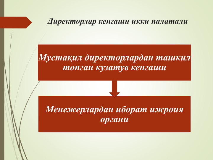 Директорлар кенгаши икки палатали
Мустақил директорлардан ташкил 
топган кузатув кенгаши
Менежерлардан иборат ижроия 
органи
