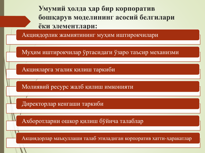 Умумий ҳолда ҳар бир корпоратив 
бошқарув моделининг асосий белгилари 
ёки элементлари:
Акциядорлик жамиятининг муҳим иштирокчилари
Муҳим иштирокчилар ўртасидаги ўзаро таъсир механизми
Акцияларга эгалик қилиш таркиби
Молиявий ресурс жалб қилиш имконияти
Директорлар кенгаши таркиби
Ахборотларни ошкор қилиш бўйича талаблар
Акциядорлар маъқуллаши талаб этиладиган корпоратив хатти-ҳаракатлар

