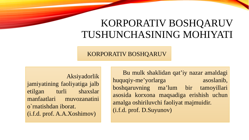 KORPORATIV BOSHQARUV 
TUSHUNCHASINING MOHIYATI
 
 
 
 
 
Aksiyadorlik 
jamiyatining faoliyatiga jalb 
etilgan 
turli 
shaxslar 
manfaatlari 
muvozanatini 
o`rnatishdan iborat. 
(i.f.d. prof. A.A.Xoshimov)
     Bu mulk shaklidan qatʼiy nazar amaldagi 
huquqiy-meʼyorlarga 
asoslanib, 
boshqaruvning 
maʼlum 
bir 
tamoyillari 
asosida korxona maqsadiga erishish uchun 
amalga oshiriluvchi faoliyat majmuidir.
(i.f.d. prof. D.Suyunov)
     KORPORATIV BOSHQARUV
