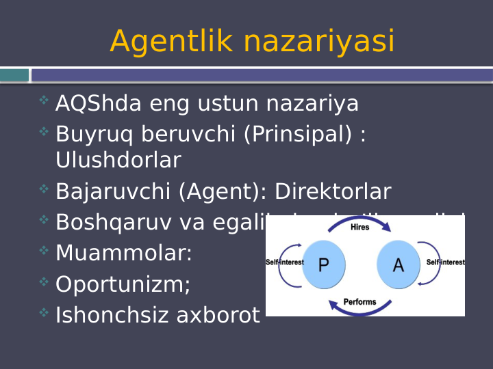 Agentlik nazariyasi
 AQShda eng ustun nazariya
 Buyruq beruvchi (Prinsipal) : 
Ulushdorlar
 Bajaruvchi (Agent): Direktorlar
 Boshqaruv va egalikning bo’linganligi
 Muammolar:
 Oportunizm;
 Ishonchsiz axborot
