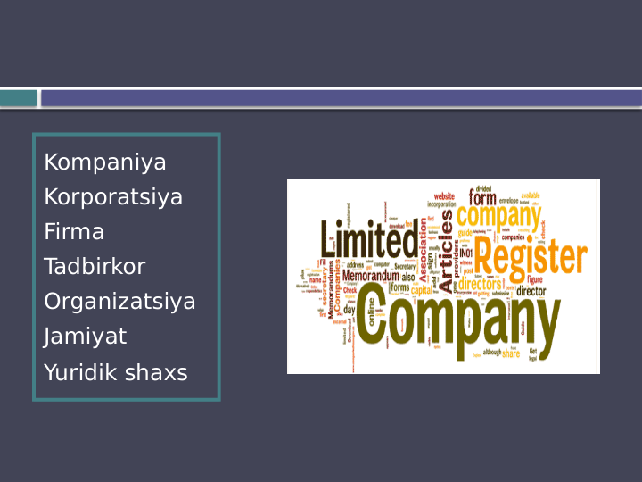 Kompaniya
Korporatsiya
Firma
Tadbirkor
Organizatsiya
Jamiyat
Yuridik shaxs
