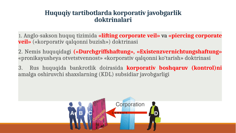 Huquqiy tartibotlarda korporativ javobgarlik 
doktrinalari
1. Anglo-sakson huquq tizimida «lifting corporate veil» va «piercing corporate 
veil» («korporativ qalqonni buzish») doktrinasi
2. Nemis huquqidagi («Durchgriffshaftung», «Existenzvernichtungshaftung» 
«pronikayusheya otvetstvennost» «korporativ qalqonni ko‘tarish» doktrinasi
3.  Rus huquqida bankrotlik doirasida korporativ boshqaruv (kontrol)ni 
amalga oshiruvchi shaxslarning (KDL) subsidiar javobgarligi

