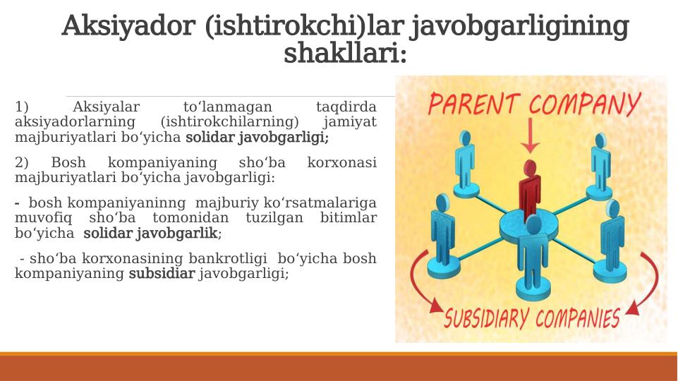 Aksiyador (ishtirokchi)lar javobgarligining 
shakllari:
1) 
Aksiyalar 
to‘lanmagan 
taqdirda 
aksiyadorlarning 
(ishtirokchilarning) 
jamiyat 
majburiyatlari bo‘yicha solidar javobgarligi;
2) 
Bosh 
kompaniyaning 
sho‘ba 
korxonasi 
majburiyatlari bo‘yicha javobgarligi:
-  bosh kompaniyaninng  majburiy ko‘rsatmalariga 
muvofiq 
sho‘ba 
tomonidan 
tuzilgan 
bitimlar 
bo‘yicha  solidar javobgarlik;
 - sho‘ba korxonasining bankrotligi  bo‘yicha bosh 
kompaniyaning subsidiar javobgarligi;
