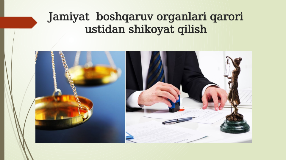 Jamiyat  boshqaruv organlari qarori 
ustidan shikoyat qilish
