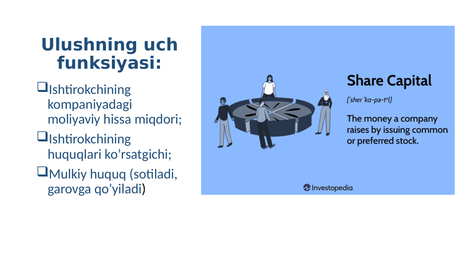 Ulushning uch 
funksiyasi:
Ishtirokchining 
kompaniyadagi 
moliyaviy hissa miqdori;
Ishtirokchining 
huquqlari ko’rsatgichi;
Mulkiy huquq (sotiladi, 
garovga qo’yiladi)
