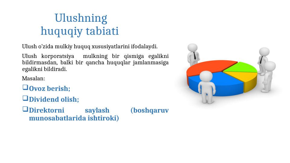 Ulushning 
huquqiy tabiati 
Ulush o’zida mulkiy huquq xususiyatlarini ifodalaydi.
Ulush korporatsiya  mulkning bir qismiga egalikni 
bildirmasdan, balki bir qancha huquqlar jamlanmasiga 
egalikni bildiradi.
Masalan: 
Ovoz berish;
Dividend olish;
Direktorni 
saylash 
(boshqaruv 
munosabatlarida ishtiroki)

