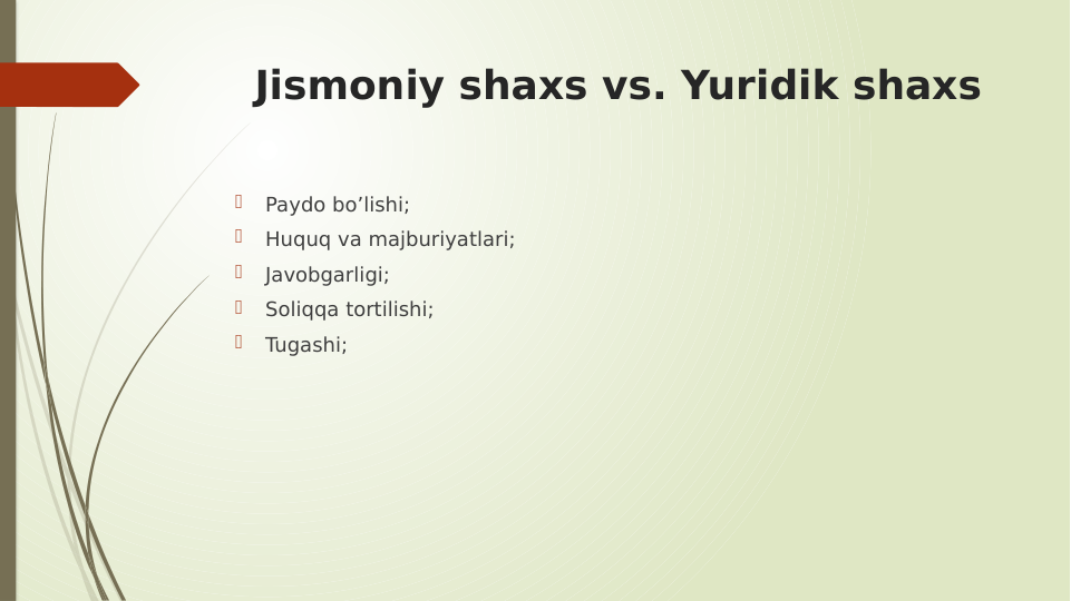Jismoniy shaxs vs. Yuridik shaxs

Paydo bo’lishi;

Huquq va majburiyatlari;

Javobgarligi;

Soliqqa tortilishi;

Tugashi;
