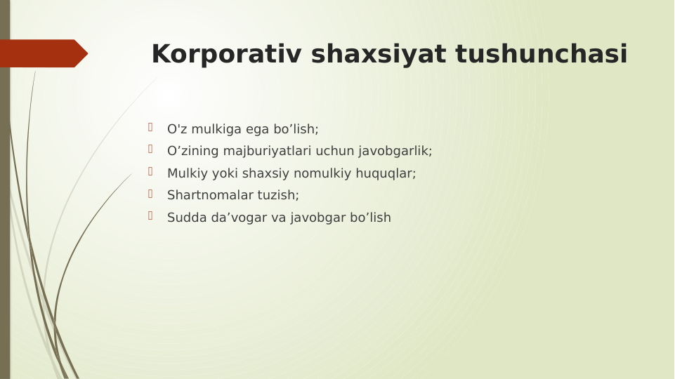 Korporativ shaxsiyat tushunchasi

O'z mulkiga ega bo’lish;

O’zining majburiyatlari uchun javobgarlik;

Mulkiy yoki shaxsiy nomulkiy huquqlar;

Shartnomalar tuzish;

Sudda da’vogar va javobgar bo’lish
