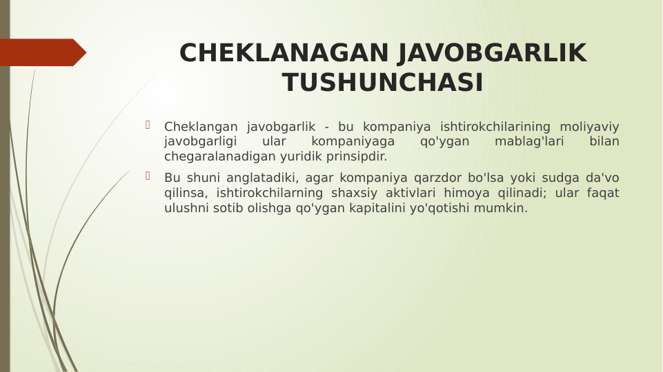 CHEKLANAGAN JAVOBGARLIK 
TUSHUNCHASI

Cheklangan javobgarlik - bu kompaniya ishtirokchilarining moliyaviy 
javobgarligi 
ular 
kompaniyaga 
qo'ygan 
mablag'lari 
bilan 
chegaralanadigan yuridik prinsipdir.

Bu shuni anglatadiki, agar kompaniya qarzdor bo'lsa yoki sudga da'vo 
qilinsa, ishtirokchilarning shaxsiy aktivlari himoya qilinadi; ular faqat 
ulushni sotib olishga qo'ygan kapitalini yo'qotishi mumkin.
