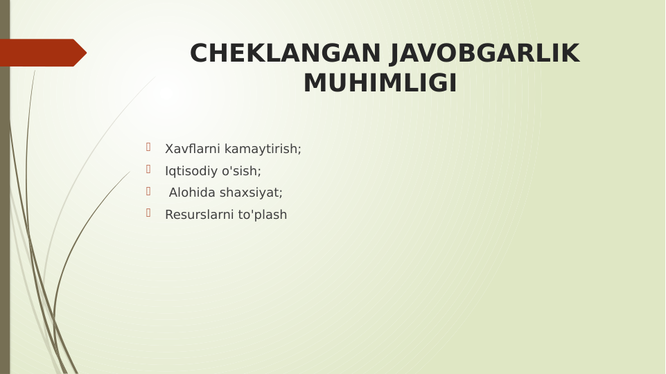 CHEKLANGAN JAVOBGARLIK 
MUHIMLIGI 

Xavflarni kamaytirish;

Iqtisodiy o'sish;

 Alohida shaxsiyat;

Resurslarni to'plash

