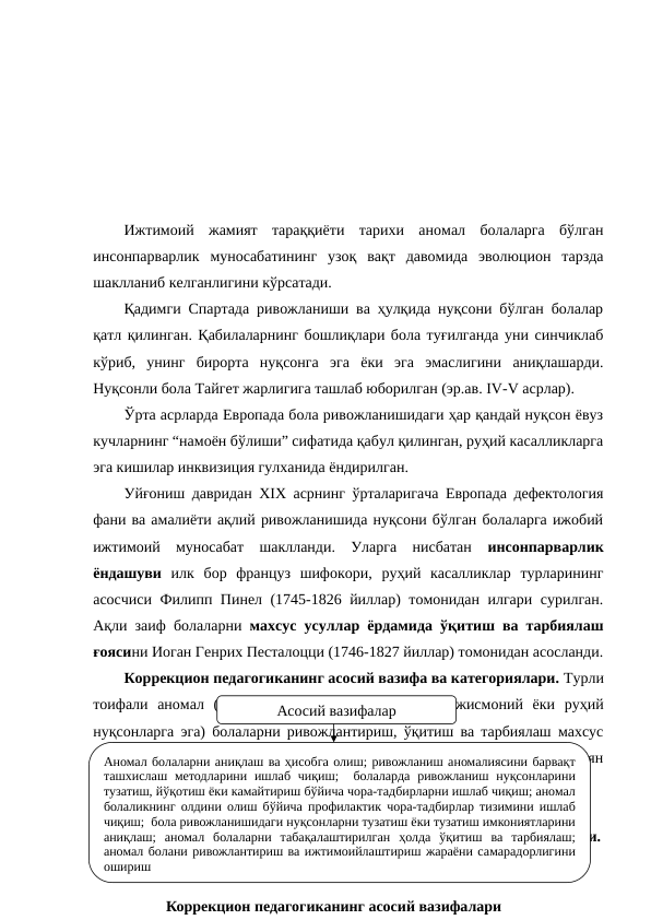  
Ижтимоий  жамият  тараққиёти  тарихи  аномал  болаларга  бўлган
инсонпарварлик  муносабатининг  узоқ  вақт  давомида  эволюцион  тарзда
шаклланиб келганлигини кўрсатади. 
Қадимги Спартада ривожланиши ва ҳулқида нуқсони бўлган болалар
қатл қилинган. Қабилаларнинг бошлиқлари бола туғилганда уни синчиклаб
кўриб,  унинг  бирорта  нуқсонга  эга  ёки  эга  эмаслигини  аниқлашарди.
Нуқсонли бола Тайгет жарлигига ташлаб юборилган (эр.ав. IV-V асрлар). 
Ўрта асрларда Европада бола ривожланишидаги ҳар қандай нуқсон ёвуз
кучларнинг “намоён бўлиши” сифатида қабул қилинган, руҳий касалликларга
эга кишилар инквизиция гулханида ёндирилган.
Уйғониш давридан ХIХ асрнинг ўрталаригача Европада дефектология
фани ва амалиёти ақлий ривожланишида нуқсони бўлган болаларга ижобий
ижтимоий  муносабат  шаклланди.  Уларга  нисбатан  инсонпарварлик
ёндашуви илк  бор  француз  шифокори,  руҳий  касалликлар  турларининг
асосчиси Филипп Пинел (1745-1826 йиллар) томонидан илгари сурилган.
Ақли заиф болаларни  махсус усуллар ёрдамида ўқитиш ва тарбиялаш
ғоясини Иоган Генрих Песталоцци (1746-1827 йиллар) томонидан асосланди.
Коррекцион педагогиканинг асосий вазифа ва категориялари. Турли
тоифали  аномал  (юнонча  “anomalos”  –  “нотўғри”,  жисмоний  ёки  руҳий
нуқсонларга эга) болаларни ривожлантириш, ўқитиш ва тарбиялаш махсус
педагогиканинг  умумий  мақсади  бўлиб,  унга  эришиш  йўлида  муайян
вазифалар ҳал қилинади. Улар қуйидагилардир:
2. Коррекцион  педагогиканинг асосий вазифа ва категориялари.
Асосий вазифалар
Аномал болаларни аниқлаш ва ҳисобга олиш; ривожланиш аномалиясини барвақт 
ташхислаш методларини ишлаб чиқиш;  болаларда ривожланиш нуқсонларини 
тузатиш, йўқотиш ёки камайтириш бўйича чора-тадбирларни ишлаб чиқиш; аномал 
болаликнинг олдини олиш бўйича профилактик чора-тадбирлар тизимини ишлаб 
чиқиш;  бола ривожланишидаги нуқсонларни тузатиш ёки тузатиш имкониятларини 
аниқлаш; аномал болаларни табақалаштирилган ҳолда ўқитиш ва тарбиялаш; 
аномал болани ривожлантириш ва ижтимоийлаштириш жараёни самарадорлигини 
ошириш
Коррекцион педагогиканинг асосий вазифалари
