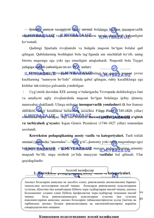  
 
  
 
Ijtimoiy jamiyat taraqqiyoti tarixi anomal bolalarga bo‘lgan insonparvarlik 
munosabatining uzoq vaqt davomida evolyusion tarzda shakllanib kelganligini 
ko‘rsatadi.  
Qadimgi Spartada rivojlanishi va hulqida nuqsoni bo‘lgan bolalar qatl 
qilingan. Qabilalarning boshliqlari bola tug‘ilganda uni sinchiklab ko‘rib, uning 
birorta nuqsonga ega yoki ega emasligini aniqlashardi. Nuqsonli bola Tayget 
jarligiga tashlab yuborilgan (er.av. IV-V asrlar).  
O‘rta asrlarda Yevropada bola rivojlanishidagi har qanday nuqson yovuz 
kuchlarning “namoyon bo‘lishi” sifatida qabul qilingan, ruhiy kasalliklarga ega 
kishilar inkvizitsiya gulxanida yondirilgan. 
Uyg‘onish davridan XIX asrning o‘rtalarigacha Yevropada defektologiya fani 
va amaliyoti aqliy rivojlanishida nuqsoni bo‘lgan bolalarga ijobiy ijtimoiy 
munosabat shakllandi. Ularga nisbatan insonparvarlik yondashuvi ilk bor fransuz 
shifokori, ruhiy kasalliklar turlarining asoschisi Filipp Pinel (1745-1826 yillar) 
tomonidan ilgari surilgan. Aqli zaif bolalarni maxsus usullar yordamida o‘qitish 
va tarbiyalash g‘oyasini Iogan Genrix Pestalossi (1746-1827 yillar) tomonidan 
asoslandi.  
Korreksion pedagogikaning asosiy vazifa va kategoriyalari. Turli toifali 
anomal (yunoncha “anomalos” – “noto‘g‘ri”, jismoniy yoki ruhiy nuqsonlarga ega) 
bolalarni rivojlantirish, o‘qitish va tarbiyalash maxsus pedagogikaning umumiy 
maqsadi bo‘lib, unga erishish yo‘lida muayyan vazifalar hal qilinadi. Ular 
quyidagilardir: 
 
2. Korreksion  pedagogikaning asosiy vazifa va kategoriyalari. 
 
Korreksion pedagogika quyidagi pedagogik kategoriyalarga ega:  
1. Anomal bolalarni o‘qitish va rivojlantirish ularni ijtimoiy hayot va 
mehnatga tayyorlash, ularda bilim, ko‘nikma va malakalarni shakllantirishga 
Асосий вазифалар 
Аномал болаларни аниқлаш ва ҳисобга олиш; ривожланиш аномалиясини барвақт 
ташхислаш методларини ишлаб чиқиш;  болаларда ривожланиш нуқсонларини 
тузатиш, йўқотиш ёки камайтириш бўйича чора-тадбирларни ишлаб чиқиш; аномал 
болаликнинг олдини олиш бўйича профилактик чора-тадбирлар тизимини ишлаб 
чиқиш; 
 
бола 
ривожланишидаги 
нуқсонларни 
тузатиш 
ёки 
тузатиш 
имкониятларини аниқлаш; аномал болаларни табақалаштирилган ҳолда ўқитиш ва 
тарбиялаш; аномал болани ривожлантириш ва ижтимоийлаштириш жараёни 
самарадорлигини ошириш 
 
Коррекцион педагогиканинг асосий вазифалари 
