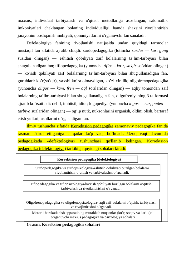 maxsus,  individual  tarbiyalash  va  o'qitish  metodlariga  asoslangan,  salomatlik
imkoniyatlari  cheklangan  bolaning  individualligi  hamda  shaxsini  rivojlantirish
jarayonini boshqarish mohiyati, qonuniyatlarini o'rganuvchi fan sanaladi.
Defektologiya  fanining  rivojlanishi  natijasida  undan  quyidagi  tarmoqlar
mustaqil fan sifatida ajralib chiqdi: surdopedagogika (lotincha surdus — kar, gung
suzidan  olingan)  —  eshitish  qobiliyati  zaif  bolalarning  ta’lim-tarbiyasi  bilan
shugullanadigan fan; tiflopedagogika (yunoncha tiflos – ko’r, so'qir so’zidan olingan)
— ko'rish  qobiliyati  zaif  bolalarning ta’lim-tarbiyasi  bilan shug'ullanadigan  fan,
guruhlari: ko’r(so’qir), yaxshi ko’ra olmaydigan, ko’zi xiralik; oligofrenopedagogika
(yunoncha  oligos  —  kam, fren — aql  so'zlaridan olingan) — aqliy tomondan zaif
bolalarning ta’lim-tarbiyasi bilan shug'ullanadigan fan, oligofreniyaning 3 ta formasi
ajratib ko’rsatiladi: debil, imbitsil, idiot; logopediya (yunoncha logos — suz, padeo —
tarbiya suzlaridan olingan) — og’ip nutk, nuksonlarini urganish, oldini olish, bartaraf
etish yullari, usullarini o’rganadigan fan.
Ilmiy tushuncha sifatida Korrektsion pedagogika zamonaviy pedagogika fanida
rasman  e'tirof  etilganiga  u  qadar  ko'p  vaqt  bo’lmadi.  Uzoq  vaqt  davomida
pedagogikada  «defektologiya»  tushunchasi  qo'llanib  kelingan.
 Korrektsion
pedagogika (defektologiya) tarkibiga quyidagi sohalari kiradi:
1-rasm. Koreksion pedagogika sohalari
Korrektsion pedagogika (defektologiya)
Surdopedagogika va surdopsixologiya-eshitish qobiliyati buzilgan bolalarni
rivojlantirish, o’qitish va tarbiyalashni o’rganadi.
Tiflopedagogika va tiflopsixologiya-ko’rish qobiliyati buzilgan bolalarni o’qitish,
tarbiyalash va rivojlantirishni o’rganadi.
Oligofrenopedagogika va oligofenopsixologiya- aqli zaif bolalarni o’qitish, tarbiyalash
va rivojlntirishni o’rganadi.
Logopediya va nutqiy buzlishlar psixologiyasi –nutqida nuqsonlar bo’lgan bolalarni
o’qitish, tarbiyalash va rivojlantirishni o’rganadi.
Motorli-harakatlanish apparatining murakkab nuqsonlar (ko’r, soqov va karlik)ni
o’rganuvchi maxsus pedagogika va psixologiya sohalari
