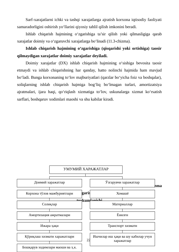 Sarf-xarajatlarni ichki va tashqi xarajatlarga ajratish korxona iqtisodiy faoliyati
samaradorligini oshirish yo‘llarini qiyosiy tahlil qilish imkonini beradi.
Ishlab  chiqarish  hajmining  o‘zgarishiga  ta’sir  qilish  yoki  qilmasligiga  qarab
xarajatlar doimiy va o‘zgaruvchi xarajatlarga bo‘linadi (11.3-chizma).
Ishlab chiqarish hajmining o‘zgarishiga (qisqarishi yoki ortishiga) taosir
qilmaydigan xarajatlar doimiy xarajatlar deyiladi.
Doimiy  xarajatlar  (DX) ishlab  chiqarish  hajmining  o‘sishiga  bevosita  taosir
etmaydi va ishlab chiqarishning har qanday, hatto nolinchi hajmida ham mavjud
bo‘ladi. Bunga korxonaning to‘lov majburiyatlari (qarzlar bo‘yicha foiz va boshqalar),
soliqlarning  ishlab  chiqarish  hajmiga  bog‘liq  bo‘lmagan  turlari,  amortizatsiya
ajratmalari,  ijara  haqi,  qo‘riqlash  xizmatiga  to‘lov,  uskunalarga  xizmat  ko‘rsatish
sarflari, boshqaruv xodimlari maoshi va shu kabilar kiradi.
11.3-chizma 
Ishlab chiqarish hajmining o‘zgarishiga ta’siriga ko‘ra xarajatlarning
turkumlanishi
224
УМУМИЙ ХАРАЖАТЛАР
Доимий харажатлар
Ўзгарувчи харажатлар
Корхона тўлов мажбуриятлари
Хомашё
Солиқлар
Материаллар
Амортизация ажратмалари
Ёнилғи
Ижара ҳақи
Транспорт хизмати
Қўриқлаш хизмати харажатлари
Ишчилар иш ҳақи ва шу кабилар учун 
харажатлар
Бошқарув ходимлари маоши ва ҳ.к.
