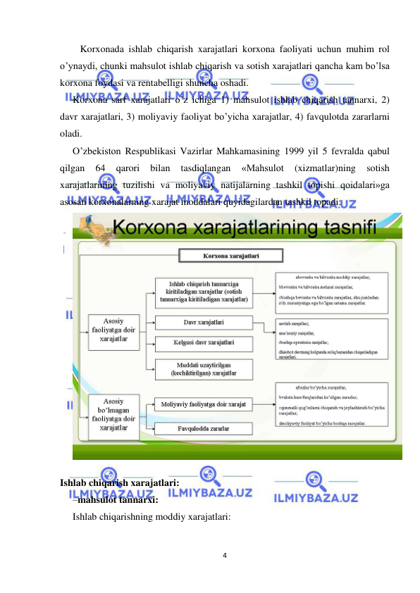  
 
4 
   Korxonada ishlab chiqarish xarajatlari korxona faoliyati uchun muhim rol 
o’ynaydi, chunki mahsulot ishlab chiqarish va sotish xarajatlari qancha kam bo’lsa 
korxona foydasi va rentabelligi shuncha oshadi.  
Korxona sarf xarajatlari o’z ichiga 1) mahsulot ishlab chiqarish tannarxi, 2) 
davr xarajatlari, 3) moliyaviy faoliyat bo’yicha xarajatlar, 4) favqulotda zararlarni 
oladi.  
O’zbekiston Respublikasi Vazirlar Mahkamasining 1999 yil 5 fevralda qabul 
qilgan 
64 
qarori 
bilan 
tasdiqlangan 
«Mahsulot 
(xizmatlar)ning 
sotish 
xarajatlarining tuzilishi va moliyaviy natijalarning tashkil topishi qoidalari»ga 
asosan korxonalarning xarajat moddalari quyidagilardan tashkil topadi:  
 
Ishlab chiqarish xarajatlari:  
–mahsulot tannarxi:  
Ishlab chiqarishning moddiy xarajatlari:  
