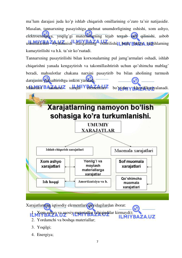  
 
7 
ma’lum darajasi juda ko’p ishlab chiqarish omillarining o’zaro ta’sir natijasidir. 
Masalan, tannarxning pasayishiga mehnat unumdorligining oshishi, xom ashyo, 
elektroenergiya, yoqilg’gi materiallarning tejab tergab sarf qilinishi, asbob 
uskunalardan foydalanish darajasining oshirilishi, brak, bekor turishlarning 
kamaytirilishi va h.k. ta’sir ko’rsatadi.  
Tannarxning pasaytirilishi bilan korxonalarning pul jamg’armalari oshadi, ishlab 
chiqarishni yanada kengaytirish va takomillashtirish uchun qo’shimcha mablag’ 
beradi, mahsulotlar chakana narxini pasaytirib bu bilan aholining turmush 
darajasini yuksaltirishga imkon yaratadi.  
Mahsulot 
tannarxi 
xarajat 
elementlari 
bo’yicha 
klassifikasiyalanadi.  
 
Xarajatlarning iqtisodiy elementlari quyidagilardan iborat:  
1. Xom ashyo va asosiy materiallar (chiqindilar kirmaydi);  
2. Yordamchi va boshqa materiallar;  
3. Yoqilgi;  
4. Energiya;  
