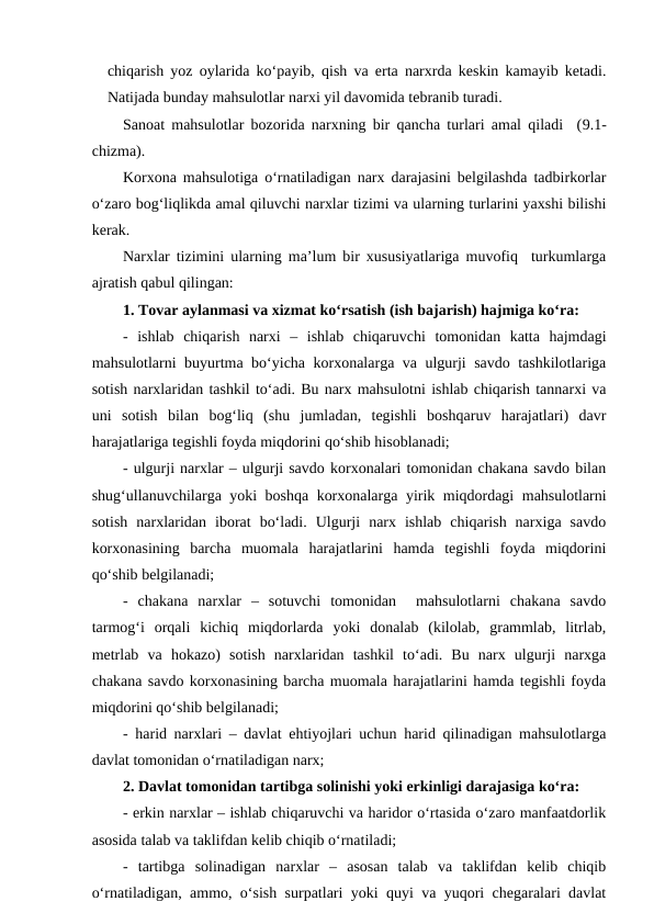 chiqarish yoz oylarida ko‘payib, qish va erta narxrda keskin kamayib ketadi.
Natijada bunday mahsulotlar narxi yil davomida tebranib turadi.
Sanoat mahsulotlar bozorida narxning bir qancha turlari amal qiladi  (9.1-
chizma).
Korxona mahsulotiga o‘rnatiladigan narx darajasini belgilashda tadbirkorlar
o‘zaro bog‘liqlikda amal qiluvchi narxlar tizimi va ularning turlarini yaxshi bilishi
kerak.
Narxlar tizimini ularning ma’lum bir xususiyatlariga muvofiq  turkumlarga
ajratish qabul qilingan:
1. Tovar aylanmasi va xizmat ko‘rsatish (ish bajarish) hajmiga ko‘ra:
-  ishlab  chiqarish  narxi  –  ishlab  chiqaruvchi  tomonidan  katta  hajmdagi
mahsulotlarni buyurtma bo‘yicha korxonalarga va ulgurji savdo tashkilotlariga
sotish narxlaridan tashkil to‘adi. Bu narx mahsulotni ishlab chiqarish tannarxi va
uni  sotish  bilan  bog‘liq  (shu  jumladan,  tegishli  boshqaruv  harajatlari)  davr
harajatlariga tegishli foyda miqdorini qo‘shib hisoblanadi;
- ulgurji narxlar – ulgurji savdo korxonalari tomonidan chakana savdo bilan
shug‘ullanuvchilarga yoki boshqa korxonalarga yirik miqdordagi mahsulotlarni
sotish  narxlaridan  iborat  bo‘ladi.  Ulgurji  narx  ishlab  chiqarish  narxiga  savdo
korxonasining  barcha  muomala  harajatlarini  hamda  tegishli  foyda  miqdorini
qo‘shib belgilanadi; 
-  chakana  narxlar  –  sotuvchi  tomonidan   mahsulotlarni  chakana  savdo
tarmog‘i  orqali  kichiq  miqdorlarda  yoki  donalab  (kilolab,  grammlab,  litrlab,
metrlab  va  hokazo)  sotish  narxlaridan  tashkil  to‘adi.  Bu  narx  ulgurji  narxga
chakana savdo korxonasining barcha muomala harajatlarini hamda tegishli foyda
miqdorini qo‘shib belgilanadi;  
- harid narxlari – davlat ehtiyojlari uchun harid qilinadigan mahsulotlarga
davlat tomonidan o‘rnatiladigan narx; 
2. Davlat tomonidan tartibga solinishi yoki erkinligi darajasiga ko‘ra:
- erkin narxlar – ishlab chiqaruvchi va haridor o‘rtasida o‘zaro manfaatdorlik
asosida talab va taklifdan kelib chiqib o‘rnatiladi;
-  tartibga  solinadigan  narxlar  –  asosan  talab  va  taklifdan  kelib  chiqib
o‘rnatiladigan, ammo, o‘sish surpatlari yoki quyi va yuqori chegaralari davlat
