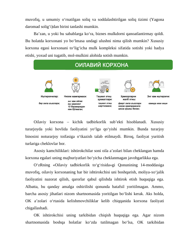 muvofiq, u umumiy o‘rnatilgan soliq va soddalashtirilgan soliq tizimi (Yagona
daromad solig‘i)dan birini tanlashi mumkin.
Ba’zan, u yoki bu sabablarga ko‘ra, biznes mulkdorni qanoatlantirmay qoldi.
Bu holatda korxonani yo bo‘lmasa undagi ulushni nima qilish mumkin? Xususiy
korxona egasi korxonani to‘lig‘icha mulk kompleksi sifatida sotishi yoki hadya
etishi, yoxud uni tugatib, mol-mulkini alohida sotish mumkin.
Oilaviy  korxona  –  kichik  tadbirkorlik  sub’ekti  hisoblanadi.  Xususiy
turarjoyda  yoki  hovlida  faoliyatini  yo‘lga  qo‘yishi  mumkin.  Bunda  turarjoy
binosini noturarjoy toifasiga o‘tkazish talab etilmaydi. Biroq, faoliyat yuritish
turlariga cheklovlar bor.
Asosiy kamchiliklari: ishtirokchilar soni oila a’zolari bilan cheklangan hamda
korxona egalari uning majburiyatlari bo‘yicha cheklanmagan javobgarlikka ega.
O‘zRning  «Oilaviy  tadbirkorlik  to‘g‘risida»gi  Qonunining  14-moddasiga
muvofiq, oilaviy korxonaning har bir ishtirokchisi uni boshqarish, moliya-xo‘jalik
faoliyatini  nazorat  qilish,  qarorlar  qabul  qilishda  ishtirok etish  huquqiga  ega.
Albatta,  bu  qanday  amalga  oshirilishi  qonunda  batafsil  yoritilmagan.  Ammo,
barcha asosiy jihatlari nizom shartnomasida yoritilgan bo‘lishi kerak. Aks holda,
OK  a’zolari  o‘rtasida  kelishmovchiliklar  kelib  chiqqanida  korxona  faoliyati
chigallashadi.
OK  ishtirokchisi  uning  tarkibidan  chiqish  huquqiga  ega.  Agar  nizom
shartnomasida  boshqa  holatlar  ko‘zda  tutilmagan  bo‘lsa,  OK  tarkibidan
