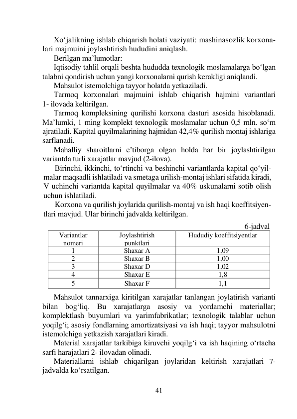 41 
 
 
 
Xo‘jalikning ishlab chiqarish holati vaziyati: mashinasozlik korxona-
lari majmuini joylashtirish hududini aniqlash. 
Berilgan ma’lumotlar: 
Iqtisodiy tahlil orqali beshta hududda texnologik moslamalarga bo‘lgan 
talabni qondirish uchun yangi korxonalarni qurish kerakligi aniqlandi. 
Mahsulot istemolchiga tayyor holatda yetkaziladi. 
Tarmoq korxonalari majmuini ishlab chiqarish hajmini variantlari            
1- ilovada keltirilgan. 
Tarmoq kompleksining qurilishi korxona dasturi asosida hisoblanadi. 
Ma’lumki, 1 ming komplekt texnologik moslamalar uchun 0,5 mln. so‘m  
ajratiladi. Kapital quyilmalarining hajmidan 42,4% qurilish montaj ishlariga 
sarflanadi. 
Mahalliy sharoitlarni e’tiborga olgan holda har bir joylashtirilgan 
variantda turli xarajatlar mavjud (2-ilova). 
Birinchi, ikkinchi, to‘rtinchi va beshinchi variantlarda kapital qo‘yil-
malar maqsadli ishlatiladi va smetaga urilish-montaj ishlari sifatida kiradi, 
V uchinchi variantda kapital quyilmalar va 40% uskunalarni sotib olish 
uchun ishlatiladi. 
Korxona va qurilish joylarida qurilish-montaj va ish haqi koeffitsiyen-
tlari mavjud. Ular birinchi jadvalda keltirilgan. 
 
Mahsulot tannarxiga kiritilgan xarajatlar tanlangan joylatirish varianti 
bilan bog‘liq. Bu xarajatlarga asosiy va yordamchi materiallar; 
komplektlash buyumlari va yarimfabrikatlar; texnologik talablar uchun 
yoqilg‘i; asosiy fondlarning amortizatsiyasi va ish haqi; tayyor mahsulotni 
istemolchiga yetkazish xarajatlari kiradi. 
Material xarajatlar tarkibiga kiruvchi yoqilg‘i va ish haqining o‘rtacha 
sarfi harajatlari 2- ilovadan olinadi. 
Materiallarni ishlab chiqarilgan joylaridan keltirish xarajatlari 7-
jadvalda ko‘rsatilgan. 
 
 
                                                                                                   6-jadval 
Variantlar 
nomeri 
Joylashtirish 
punktlari 
 
 
 
 
 
Hududiy koeffitsiyentlar 
 
1 
Shaxar A 
1,09 
2 
Shaxar B 
1,00 
3 
Shaxar D 
1,02 
4 
Shaxar E 
1,8 
5 
Shaxar F 
1,1 
