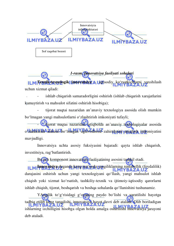  
 
 
 
 
 
 
 
1-rasm. Innovatsiya faoliyati sohalari 
Texnik-texnologik innovatsiya – iqtisodiy ko‘rsatkichlarni yaxshilash 
uchun xizmat qiladi: 
- 
ishlab chiqarish samaradorligini oshirish (ishlab chiqarish xarajatlarini 
kamaytirish va mahsulot sifatini oshirish hisobiga); 
- 
tijorat nuqtai nazaridan an’anaviy texnologiya asosida olish mumkin 
bo‘lmagan yangi mahsulotlarni o‘zlashtirish imkoniyati tufayli; 
- 
tijorat nuqtai nazaridan istiqbolda an’anaviy texnologiyalar asosida 
o‘zlashtirish imkoni bo‘lmagan uglevodorod zahiralarini aniqlash imkoniyatini 
mavjudligi. 
Innovatsiya uchta asosiy fuksiyasini bajaradi: qayta ishlab chiqarish, 
investitsiya, rag‘batlantirish.   
Bu uch komponent innovatsiya faoliyatining asosini tashkil etadi. 
Innovatsiya deganda keng ma’noda yangiliklarning rentabellik (foydalilik) 
darajasini oshirish uchun yangi texnologiyani qo‘llash, yangi mahsulot ishlab 
chiqish yoki xizmat ko‘rsatish, tashkiliy-texnik va ijtimoiy-iqtisodiy qarorlarni 
ishlab chiqish, tijorat, boshqarish va boshqa sohalarda qo‘llanishini tushunamiz. 
YAngilik to‘g‘risidagi g‘oyaning paydo bo‘lishi va yaratilishi hayotga 
tadbiq etilib keng tarqalishi, innovatsiya hayot davri deb ataladi. Olib boriladigan 
ishlarning izchilligini hisobga olgan holda amalga oshirilishi innovatsiya jarayoni 
deb ataladi. 
Sof raqobat bozori 
Innovatsiyia 
infraktruktarasi 
