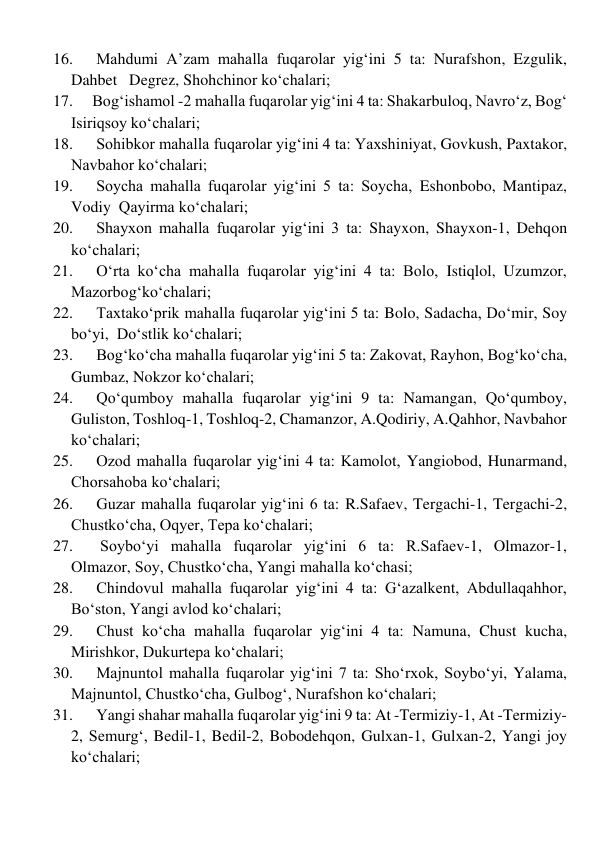 16. 
 Mahdumi A’zam mahalla fuqarolar yig‘ini 5 ta: Nurafshon, Ezgulik, 
Dahbet   Degrez, Shohchinor ko‘chalari; 
17. 
Bog‘ishamol -2 mahalla fuqarolar yig‘ini 4 ta: Shakarbuloq, Navroʻz, Bogʻ 
Isiriqsoy ko‘chalari; 
18. 
 Sohibkor mahalla fuqarolar yig‘ini 4 ta: Yaxshiniyat, Govkush, Paxtakor, 
Navbahor ko‘chalari; 
19. 
 Soycha mahalla fuqarolar yig‘ini 5 ta: Soycha, Eshonbobo, Mantipaz, 
Vodiy  Qayirma ko‘chalari; 
20. 
 Shayxon mahalla fuqarolar yig‘ini 3 ta: Shayxon, Shayxon-1, Dehqon  
ko‘chalari; 
21. 
 O‘rta ko‘cha mahalla fuqarolar yig‘ini 4 ta: Bolo, Istiqlol, Uzumzor, 
Mazorbogʻko‘chalari; 
22. 
 Taxtako‘prik mahalla fuqarolar yig‘ini 5 ta: Bolo, Sadacha, Doʻmir, Soy 
boʻyi,  Doʻstlik ko‘chalari; 
23. 
 Bog‘ko‘cha mahalla fuqarolar yig‘ini 5 ta: Zakovat, Rayhon, Bogʻko‘cha, 
Gumbaz, Nokzor ko‘chalari; 
24. 
 Qo‘qumboy mahalla fuqarolar yig‘ini 9 ta: Namangan, Qoʻqumboy, 
Guliston, Toshloq-1, Toshloq-2, Chamanzor, A.Qodiriy, A.Qahhor, Navbahor 
ko‘chalari; 
25. 
 Ozod mahalla fuqarolar yig‘ini 4 ta: Kamolot, Yangiobod, Hunarmand,  
Chorsahoba ko‘chalari; 
26. 
 Guzar mahalla fuqarolar yig‘ini 6 ta: R.Safaev, Tergachi-1, Tergachi-2,  
Chustko‘cha, Oqyer, Tepa ko‘chalari;  
27. 
  Soybo‘yi mahalla fuqarolar yig‘ini 6 ta: R.Safaev-1, Olmazor-1, 
Olmazor, Soy, Chustko‘cha, Yangi mahalla ko‘chasi; 
28. 
 Chindovul mahalla fuqarolar yig‘ini 4 ta: Gʻazalkent, Abdullaqahhor, 
Boʻston, Yangi avlod ko‘chalari; 
29. 
 Chust ko‘cha mahalla fuqarolar yig‘ini 4 ta: Namuna, Chust kucha, 
Mirishkor, Dukurtepa ko‘chalari; 
30. 
 Majnuntol mahalla fuqarolar yig‘ini 7 ta: Shoʻrxok, Soyboʻyi, Yalama, 
Majnuntol, Chustko‘cha, Gulbogʻ, Nurafshon ko‘chalari; 
31. 
 Yangi shahar mahalla fuqarolar yig‘ini 9 ta: At -Termiziy-1, At -Termiziy-
2, Semurgʻ, Bedil-1, Bedil-2, Bobodehqon, Gulxan-1, Gulxan-2, Yangi joy 
ko‘chalari; 
