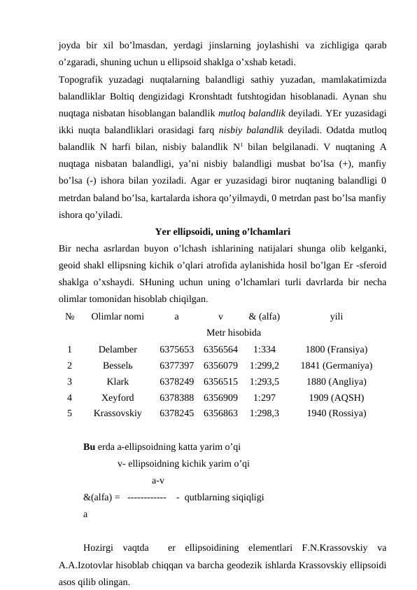 joyda  bir  xil  bo’lmasdan,  yerdagi  jinslarning  joylashishi  va  zichligiga  qarab
o’zgaradi, shuning uchun u ellipsoid shaklga o’xshab ketadi.
Topografik  yuzadagi  nuqtalarning  balandligi  sathiy  yuzadan,  mamlakatimizda
balandliklar Boltiq dengizidagi Kronshtadt futshtogidan hisoblanadi. Aynan shu
nuqtaga nisbatan hisoblangan balandlik mutloq balandlik deyiladi. YEr yuzasidagi
ikki nuqta balandliklari orasidagi farq  nisbiy balandlik deyiladi. Odatda mutloq
balandlik N harfi bilan, nisbiy balandlik N1 bilan belgilanadi. V nuqtaning A
nuqtaga nisbatan balandligi, ya’ni nisbiy balandligi musbat bo’lsa (+), manfiy
bo’lsa (-) ishora bilan yoziladi. Agar er yuzasidagi biror nuqtaning balandligi 0
metrdan baland bo’lsa, kartalarda ishora qo’yilmaydi, 0 metrdan past bo’lsa manfiy
ishora qo’yiladi.
Yer ellipsoidi, uning o’lchamlari
Bir necha asrlardan buyon o’lchash ishlarining natijalari shunga olib kelganki,
geoid shakl ellipsning kichik o’qlari atrofida aylanishida hosil bo’lgan Er -sferoid
shaklga o’xshaydi. SHuning uchun uning o’lchamlari turli davrlarda bir necha
olimlar tomonidan hisoblab chiqilgan.
№
Olimlar nomi
a
v
& (alfa)
yili
Metr hisobida
1
Delamber
6375653
6356564
1:334
1800 (Fransiya)
2
Besselь
6377397
6356079
1:299,2
1841 (Germaniya)
3
Klark
6378249
6356515
1:293,5
1880 (Angliya)
4
Xeyford
6378388
6356909
1:297
1909 (AQSH)
5
Krassovskiy
6378245
6356863
1:298,3
1940 (Rossiya)
Bu erda a-ellipsoidning katta yarim o’qi
              v- ellipsoidning kichik yarim o’qi
                            a-v
&(alfa) =   ------------    -  qutblarning siqiqligi
a
Hozirgi  vaqtda   er  ellipsoidining  elementlari  F.N.Krassovskiy  va
A.A.Izotovlar hisoblab chiqqan va barcha geodezik ishlarda Krassovskiy ellipsoidi
asos qilib olingan. 
