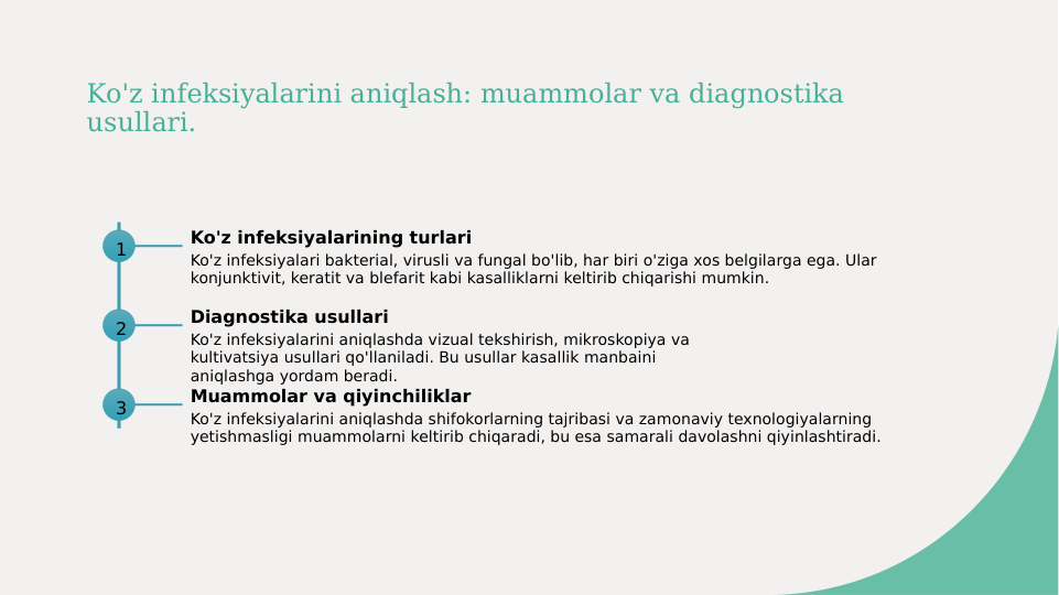 Ko'z infeksiyalarini aniqlash: muammolar va diagnostika 
usullari.
1
Ko'z infeksiyalarining turlari
Ko'z infeksiyalari bakterial, virusli va fungal bo'lib, har biri o'ziga xos belgilarga ega. Ular 
konjunktivit, keratit va blefarit kabi kasalliklarni keltirib chiqarishi mumkin.
2
Diagnostika usullari
Ko'z infeksiyalarini aniqlashda vizual tekshirish, mikroskopiya va 
kultivatsiya usullari qo'llaniladi. Bu usullar kasallik manbaini 
aniqlashga yordam beradi.
3
Muammolar va qiyinchiliklar
Ko'z infeksiyalarini aniqlashda shifokorlarning tajribasi va zamonaviy texnologiyalarning 
yetishmasligi muammolarni keltirib chiqaradi, bu esa samarali davolashni qiyinlashtiradi.
