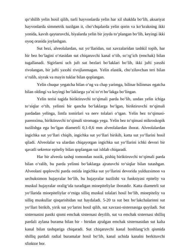 qo‘shilib yelin hosil qilib, turli hayvonlarda yelin har xil shaklda bo‘lib, aksariyat
hayvonlarda simmetrik tuzilgan it, cho‘chqalarda yelin qorin va ko‘krakning ikki
yonida, kavsh qaytaruvchi, biyalarda yelin bir joyda to‘plangan bo‘lib, keyingi ikki
oyoq orasida joylashgan.
Sut bezi, alveolalardan, sut yo‘llaridan, sut xavzalaridan tashkil topib, har
bir bez bo‘lagini o‘rtasidan sut chiqaruvchi kanal o‘tib, so‘rg‘ich (emchak) bilan
tugallanadi.  Sigirlarni  uch  juft  sut  bezlari  bo‘laklari  bo‘lib,  ikki  jufti  yaxshi
rivolangan, bir jufti yaxshi rivojlanmagan. Yelin elastik, cho‘ziluvchan teri bilan
o‘ralib, siyrak va mayin tuklar bilan qoplangan.
Yelin chuqur yegatcha bilan o‘ng va chap yarimga, bilinar bilinmas egatcha
bilan oldingi va keyingi bo‘laklarga ya’ni to‘rt bo‘lakga bo‘lingan.
Yelin terisi tagida biriktiruvchi to‘qimali parda bo‘lib, undan yelin ichiga
to‘siqlar  o‘tib,  yelinni  bir  qancha  bo‘laklarga  bo‘lgan,  biriktiruvchi  to‘qimali
pardadan yelinga, limfa tomirlari va nerv tolalari o‘tgan. Yelin bez to‘qimasi-
parenxima, biriktiruvchi to‘qimali stromaga yega. Yelin bez to‘qimasi mikroskopik
tuzilishga  ega bo‘lgan diametrli 0,1-0,6 mm alveolalardan iborat. Alveolalardan
ingichka sut yo‘llari chiqib, ingichka sut yo‘llari birikib, katta sut yo‘llarini hosil
qiladi. Alveolalar va ulardan chiqayotgan ingichka sut yo‘llarini ichki devori bir
qavatli sekretor epiteliy bilan qoplangan sut ishlab chiqaradi.
Har bir alveola tashqi tomondan nozik, pishiq biriktiruvchi to‘qimali parda
bilan o‘ralib, bu parda yelinni bo‘laklarga ajratuvchi to‘siqlar bilan tutashgan.
Alveolani qoplovchi parda ostida ingichka sut yo‘llarini devorida yulduzsimon va
urchuksimon hujayralar bo‘lib, bu hujayralar tuzilishi va funksiyasi epiteliy va
muskul hujayralar oralig‘ida turadigan mioepiteliylar iboratdir. Katta diametrli sut
yo‘llarida mioepiteliylar o‘rniga silliq muskul tolalari hosil bo‘lib, mioepiteliy va
silliq muskullar qisqarishidan sut haydaladi. 5-20 ta sut bez bo‘lakchalarinni sut
yo‘llari birikib, yirik sut yo‘larini hosil qilib, sut xavzasi-sisternasiga quyiladi. Sut
sisternasini pastki qismi emchak sisternasi deyilib, sut va emchak sisternasi shilliq
pardali aylana burama bilan bir - biridan ajralgan emchak sisternasidan sut kalta
kanal  bilan  tashqariga  chiqaradi.  Sut  chiqaruvchi  kanal  boshlang‘ich  qismida
shilliq pardali  radial  buramalar  hosil  bo‘lib, kanal  uchida  kanalni  berkituvchi
sfinktor bor.
