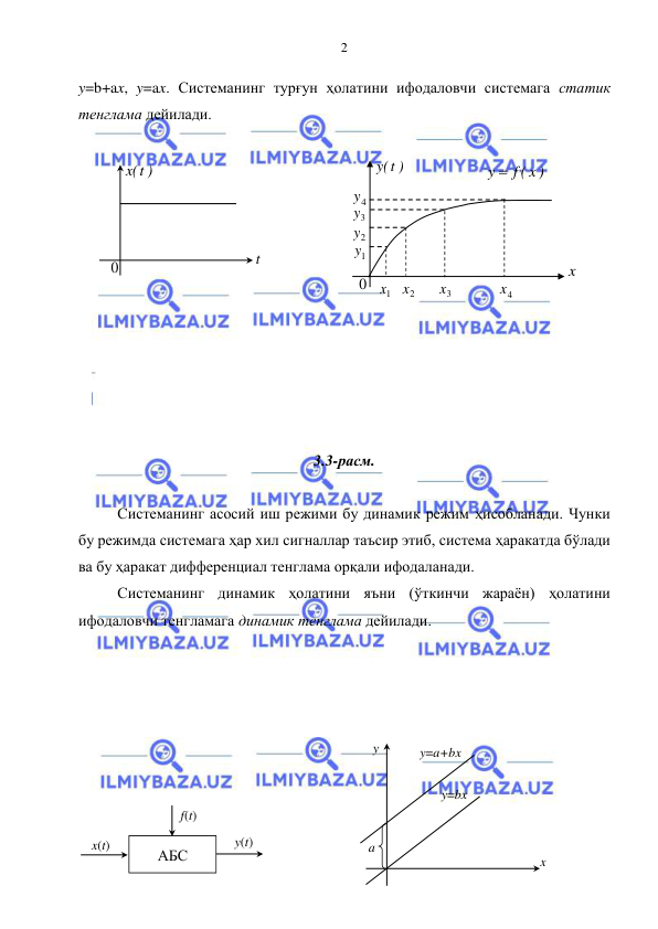  
 
2 
y=b+ax, y=ax. Системанинг турғун ҳолатини ифодаловчи системага статик 
тенглама дейилади. 
 
 
 
 
 
 
 
 
 
 
 
 
3.3-расм. 
 
Системанинг асосий иш режими бу динамик режим ҳисобланади. Чунки 
бу режимда системага ҳар хил сигналлар таъсир этиб, система ҳаракатда бўлади 
ва бу ҳаракат дифференциал тенглама орқали ифодаланади. 
Системанинг динамик ҳолатини яъни (ўткинчи жараён) ҳолатини 
ифодаловчи тенгламага динамик тенглама дейилади. 
 
 
 
 
 
 
 
 
)
t(y
 
0 
x  
y  f ( x )
 
1x  
2
x  
3x  
4
x  
4
y  
3y  
2
y  
1y  
t  
)
t(x
 
0 
x(t) 
y(t) 
АБС 
f(t) 
y=bx 
y 
x 
a 
y=a+bx 
