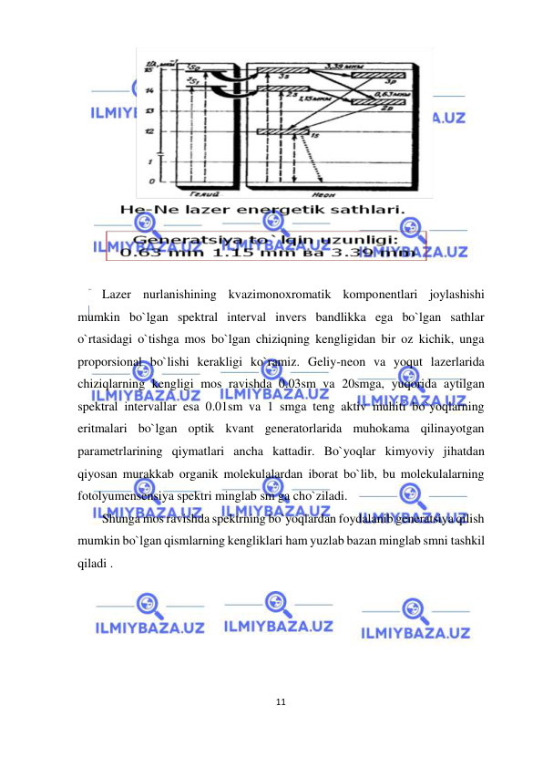  
11  
  
  
  
Lazer nurlanishining kvazimonoxromatik komponentlari joylashishi 
mumkin bo`lgan spektral interval invers bandlikka ega bo`lgan sathlar 
o`rtasidagi o`tishga mos bo`lgan chiziqning kengligidan bir oz kichik, unga 
proporsional bo`lishi kerakligi ko`ramiz. Geliy-neon va yoqut lazerlarida 
chiziqlarning kengligi mos ravishda 0.03sm va 20smga, yuqorida aytilgan 
spektral intervallar esa 0.01sm va 1 smga teng aktiv muhiti bo`yoqlarning 
eritmalari bo`lgan optik kvant generatorlarida muhokama qilinayotgan 
parametrlarining qiymatlari ancha kattadir. Bo`yoqlar kimyoviy jihatdan 
qiyosan murakkab organik molekulalardan iborat bo`lib, bu molekulalarning 
fotolyumensensiya spektri minglab sm ga cho`ziladi.  
Shunga mos ravishda spektrning bo`yoqlardan foydalanib generatsiya qilish 
mumkin bo`lgan qismlarning kengliklari ham yuzlab bazan minglab smni tashkil 
qiladi .  
  
