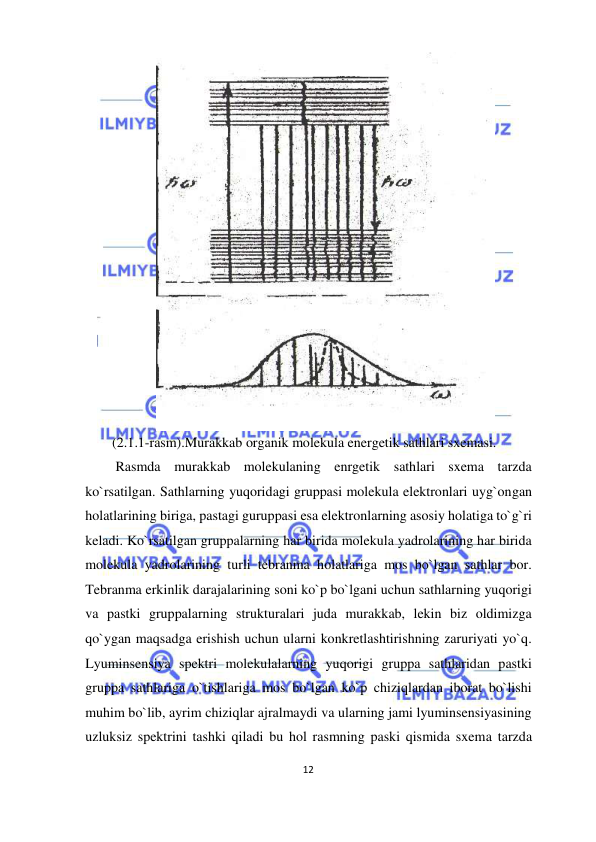  
12  
  
  
(2.1.1-rasm).Murakkab organik molekula energetik sathlari sxemasi.  
 Rasmda murakkab molekulaning enrgetik sathlari sxema tarzda 
ko`rsatilgan. Sathlarning yuqoridagi gruppasi molekula elektronlari uyg`ongan 
holatlarining biriga, pastagi guruppasi esa elektronlarning asosiy holatiga to`g`ri 
keladi. Ko`rsatilgan gruppalarning har birida molekula yadrolarining har birida 
molekula yadrolarining turli tebranma holatlariga mos bo`lgan sathlar bor. 
Tebranma erkinlik darajalarining soni ko`p bo`lgani uchun sathlarning yuqorigi 
va pastki gruppalarning strukturalari juda murakkab, lekin biz oldimizga 
qo`ygan maqsadga erishish uchun ularni konkretlashtirishning zaruriyati yo`q. 
Lyuminsensiya spektri molekulalarning yuqorigi gruppa sathlaridan pastki 
gruppa sathlariga o`tishlariga mos bo`lgan ko`p chiziqlardan iborat bo`lishi 
muhim bo`lib, ayrim chiziqlar ajralmaydi va ularning jami lyuminsensiyasining 
uzluksiz spektrini tashki qiladi bu hol rasmning paski qismida sxema tarzda 
