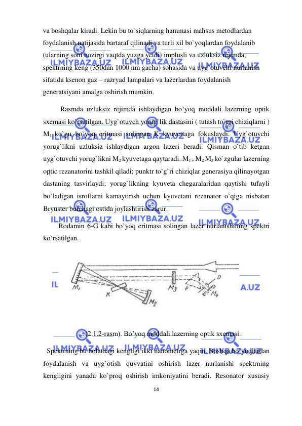  
14  
  
va boshqalar kiradi. Lekin bu to`siqlarning hammasi mahsus metodlardan 
foydalanish natijasida bartaraf qilinadi va turli xil bo`yoqlardan foydalanib 
(ularning soni hozirgi vaqtda yuzga yetdi) implusli va uzluksiz rejimda, 
spektrning keng (350dan 1000 nm gacha) sohasida va uyg`otuvchi nurlanish 
sifatida ksenon gaz – razryad lampalari va lazerlardan foydalanish 
generatsiyani amalga oshirish mumkin.  
  Rasmda uzluksiz rejimda ishlaydigan bo`yoq moddali lazerning optik 
sxemasi ko`rsatilgan. Uyg`otuvch yorug`lik dastasini ( tutash to`gri chiziqlarni ) 
M1 ko`gu bo`yoq eritmasi solingan K kyuvettaga fokuslaydi. Uyg`otuvchi 
yorug`likni uzluksiz ishlaydigan argon lazeri beradi. Qisman o`tib ketgan 
uyg`otuvchi yorug`likni M2 kyuvetaga qaytaradi. M1 , M2 M3 ko`zgular lazerning 
optic rezanatorini tashkil qiladi; punktr to`g`ri chiziqlar generasiya qilinayotgan 
dastaning tasvirlaydi; yorug`likning kyuveta chegaralaridan qaytishi tufayli 
bo`ladigan isroflarni kamaytirish uchun kyuvetani rezanator o`qiga nisbatan 
Bryuster burchagi ostida joylashtirish zarur.  
 Rodamin 6-G kabi bo`yoq eritmasi solingan lazer nurlanishining spektri 
ko`rsatilgan.  
  
(2.1.2-rasm). Bo’yoq moddali lazerning optik sxemasi.  
  Spektrning bu holatdagi kengligi ikki nanometrga yaqin. Boshqa bo`yoqlardan 
foydalanish va uyg`otish quvvatini oshirish lazer nurlanishi spektrning 
kengligini yanada ko`proq oshirish imkoniyatini beradi. Resonator xususiy 
