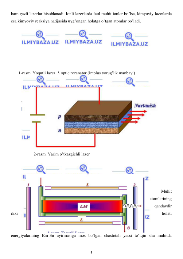  
8 
 
ham gazli lazerlar hisoblanadi. Ionli lazerlarda faol muhit ionlar bo’lsa, kimyoviy lazerlarda 
esa kimyoviy reaksiya natijasida uyg’ongan holatga o’tgan atomlar bo’ladi.  
 
 
 
 
 
 
       1-rasm. Yoqutli lazer .L optic rezanator (implus yorug’lik manbayi) 
 
                     2-rasm. Yarim o’tkazgichli lazer 
 
 
 
 
Muhit 
atomlarining 
qandaydir 
ikki 
holati 
energiyalarining Em-En ayirmasiga mos bo‘lgan chastotali yassi to‘lqin shu muhitda 
