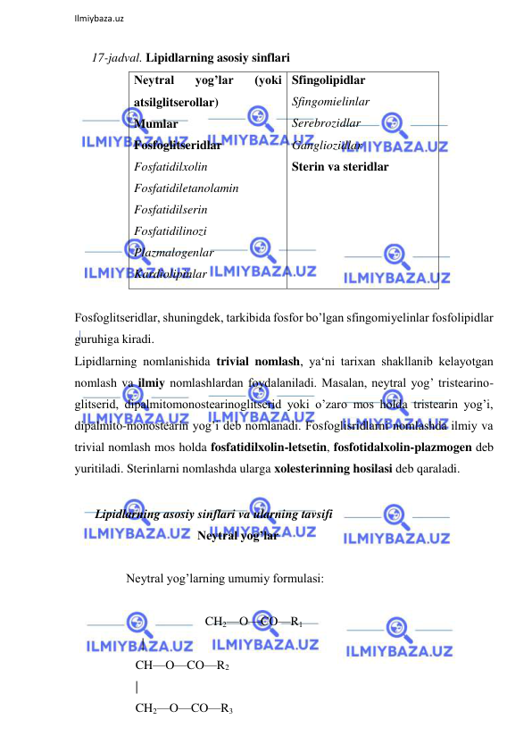  
Ilmiybaza.uz 
 
17-jadval. Lipidlarning asosiy sinflari  
Neytral 
yog’lar 
(yoki 
atsilglitserollar)  
Mumlar  
Fosfoglitseridlar  
Fosfatidilxolin  
Fosfatidiletanolamin  
Fosfatidilserin  
Fosfatidilinozi  
Plazmalogenlar  
Kardiolipinlar  
Sfingolipidlar  
Sfingomielinlar  
Serebrozidlar  
Gangliozidlar  
Sterin va steridlar  
  
  
Fosfoglitseridlar, shuningdek, tarkibida fosfor bo’lgan sfingomiyelinlar fosfolipidlar 
guruhiga kiradi.  
Lipidlarning nomlanishida trivial nomlash, ya‘ni tarixan shakllanib kelayotgan 
nomlash va ilmiy nomlashlardan foydalaniladi. Masalan, neytral yog’ tristearino-
glitserid, dipalmitomonostearinoglitserid yoki o’zaro mos holda tristearin yog’i, 
dipalmito-monostearin yog’i deb nomlanadi. Fosfoglisridlarni nomlashda ilmiy va 
trivial nomlash mos holda fosfatidilxolin-letsetin, fosfotidalxolin-plazmogen deb 
yuritiladi. Sterinlarni nomlashda ularga xolesterinning hosilasi deb qaraladi.  
  
 Lipidlarning asosiy sinflari va ularning tavsifi  
 
  
  
 Neytral yog’lar  
  
 Neytral yog’larning umumiy formulasi:  
     
 
  
  
 CH2—O—CO—R1  
      |  
    CH—O—CO—R2  
    |  
    CH2—O—CO—R3  
  
