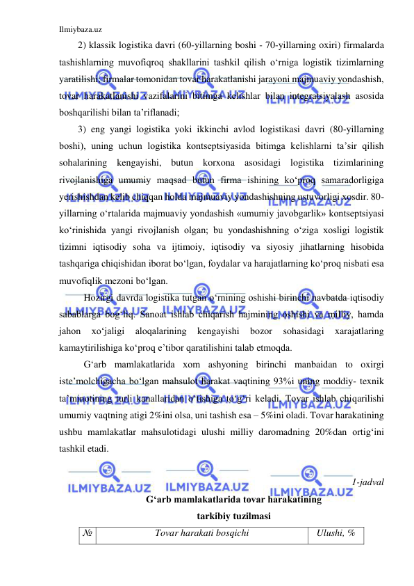 Ilmiybaza.uz 
 
2) klassik logistika davri (60-yillarning boshi - 70-yillarning oxiri) firmalarda 
tashishlarning muvofiqroq shakllarini tashkil qilish o‘rniga logistik tizimlarning 
yaratilishi; firmalar tomonidan tovar harakatlanishi jarayoni majmuaviy yondashish, 
tovar harakatlanishi vazifalarini bitimga kelishlar bilan integratsiyalash asosida 
boshqarilishi bilan ta’riflanadi;  
3) eng yangi logistika yoki ikkinchi avlod logistikasi davri (80-yillarning 
boshi), uning uchun logistika kontseptsiyasida bitimga kelishlarni ta’sir qilish 
sohalarining kengayishi, butun korxona asosidagi logistika tizimlarining 
rivojlanishiga umumiy maqsad butun firma ishining ko‘proq samaradorligiga 
yerishishdan kelib chiqqan holda majmuaviy yondashishning ustuvorligi xosdir. 80-
yillarning o‘rtalarida majmuaviy yondashish «umumiy javobgarlik» kontseptsiyasi 
ko‘rinishida yangi rivojlanish olgan; bu yondashishning o‘ziga xosligi logistik 
tizimni iqtisodiy soha va ijtimoiy, iqtisodiy va siyosiy jihatlarning hisobida 
tashqariga chiqishidan iborat bo‘lgan, foydalar va harajatlarning ko‘proq nisbati esa 
muvofiqlik mezoni bo‘lgan. 
Hozirgi davrda logistika tutgan o‘rnining oshishi birinchi navbatda iqtisodiy 
sabablarga bog‘liq. Sanoat ishlab chiqarish hajmining oshishi va milliy, hamda 
jahon 
xo‘jaligi 
aloqalarining 
kengayishi 
bozor 
sohasidagi 
xarajatlaring 
kamaytirilishiga ko‘proq e’tibor qaratilishini talab etmoqda. 
G‘arb mamlakatlarida xom ashyoning birinchi manbaidan to oxirgi 
iste’molchigacha bo‘lgan mahsulot harakat vaqtining 93%i uning moddiy- texnik 
ta’minotining turli kanallaridan o‘tishiga to‘g‘ri keladi. Tovar ishlab chiqarilishi 
umumiy vaqtning atigi 2%ini olsa, uni tashish esa – 5%ini oladi. Tovar harakatining 
ushbu mamlakatlar mahsulotidagi ulushi milliy daromadning 20%dan ortig‘ini 
tashkil etadi.  
 
1-jadval 
G‘arb mamlakatlarida tovar harakatining  
tarkibiy tuzilmasi 
№ 
Tovar harakati bosqichi 
Ulushi, % 
