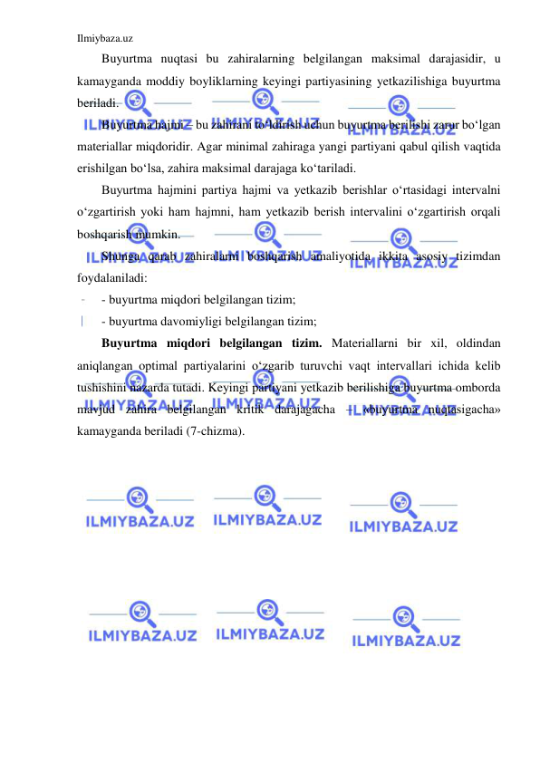 Ilmiybaza.uz 
 
Buyurtma nuqtasi bu zahiralarning belgilangan maksimal darajasidir, u 
kamayganda moddiy boyliklarning keyingi partiyasining yetkazilishiga buyurtma 
beriladi. 
Buyurtma hajmi – bu zahirani to‘ldirish uchun buyurtma berilishi zarur bo‘lgan 
materiallar miqdoridir. Agar minimal zahiraga yangi partiyani qabul qilish vaqtida 
erishilgan bo‘lsa, zahira maksimal darajaga ko‘tariladi. 
Buyurtma hajmini partiya hajmi va yetkazib berishlar o‘rtasidagi intervalni 
o‘zgartirish yoki ham hajmni, ham yetkazib berish intervalini o‘zgartirish orqali 
boshqarish mumkin. 
Shunga qarab zahiralarni boshqarish amaliyotida ikkita asosiy tizimdan 
foydalaniladi: 
- buyurtma miqdori belgilangan tizim; 
- buyurtma davomiyligi belgilangan tizim; 
Buyurtma miqdori belgilangan tizim. Materiallarni bir xil, oldindan 
aniqlangan optimal partiyalarini o‘zgarib turuvchi vaqt intervallari ichida kelib 
tushishini nazarda tutadi. Keyingi partiyani yetkazib berilishiga buyurtma omborda 
mavjud zahira belgilangan kritik darajagacha – «buyurtma nuqtasigacha» 
kamayganda beriladi (7-chizma). 
   
