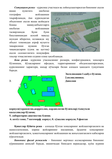 Ситуацион режа – қурилиш участкаси ва лойиҳалаштирилган бинонинг аҳоли 
яшаш 
пунктига 
нисбатан 
географик 
жойлашиши 
таърифланади, ёки қуриладиган 
объектнниг аҳоли яшаш жойидаги 
бошқа 
мавжудобъектларга 
нисбатан 
жойлашиши 
тасвирланади. 
Буни 
буни 
баҳоланишидан 
асосий 
мақсад 
шундан иборатки, келажакда шу 
объект томонидан атроф муҳитга 
чиқарилиши 
мумкин 
бўлган 
чиқиндиларни (суюқ ва қаттиқ) 
аҳоли саломатлигига номувофиқ 
таъсир этмаслигини олдини олиш ҳисобланади. 
Бош режа –қурилиш учаскасининг размери, конфигурацияси, зоналарга 
бўлиниши, 
йўлакларнинг 
ифодаси, 
территориянинг 
ободонлаштирилиши, 
қурилишнинг ҳарактери, шаҳар кўчалари билан алоқаси ҳақидаги тушунчани 
беради. 
Экспликация:1.қабул бўлими. 
2.поликлиника; 
3. 
Даволаш 
корпуси(терапевтик,жаррохлик, кардиология бўлимлар) 4.юкумли 
касалликлар бўлими; 
5. лабораторно-диагностик блими; 
 6. котёл хона; 7 патоморф. корпус; 8. хўжалик корпуси; 9.фонтан 
 
Қаватлар бўйича режа – алоҳида бўлган хоналарнинг жойлаштирганлиги ва 
шамоллатилиши, 
кириш 
жойларининг 
ишланиши, 
ёрдамчи 
хоналарнинг 
жойлаштирганлиги, ҳожатхоналарнинг жойлашиши ва жиҳозланганлиги кабиларни 
кўрсатилади. 
Бинонинг фасад режасида – бинонинг вертикал кесмаларинива бинонинг 
кўринишини аниқлаб беради, иккинчидан бинодаги верандалар, қуёш нурини 
