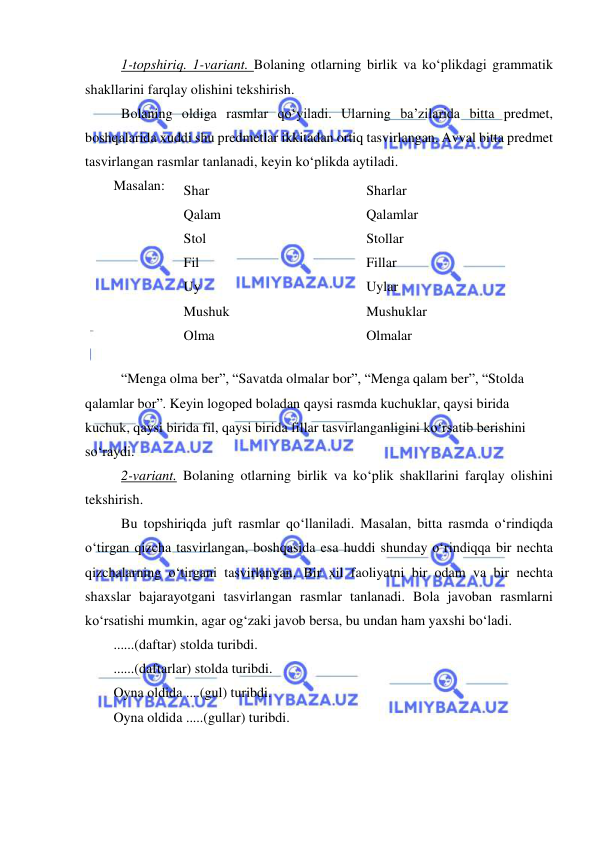  
 
1-topshiriq. 1-variant. Bolaning otlarning birlik va ko‘plikdagi grammatik 
shakllarini farqlay olishini tekshirish.  
Bolaning oldiga rasmlar qo‘yiladi. Ularning ba’zilarida bitta predmet, 
boshqalarida xuddi shu predmetlar ikkitadan ortiq tasvirlangan. Avval bitta predmet 
tasvirlangan rasmlar tanlanadi, keyin ko‘plikda aytiladi. 
Masalan:  
 
 
 
 
 
 
 
“Menga olma ber”, “Savatda olmalar bor”, “Menga qalam ber”, “Stolda 
qalamlar bor”. Keyin logoped boladan qaysi rasmda kuchuklar, qaysi birida 
kuchuk, qaysi birida fil, qaysi birida fillar tasvirlanganligini ko‘rsatib berishini 
so‘raydi. 
2-variant. Bolaning otlarning birlik va ko‘plik shakllarini farqlay olishini 
tekshirish. 
Bu topshiriqda juft rasmlar qo‘llaniladi. Masalan, bitta rasmda o‘rindiqda 
o‘tirgan qizcha tasvirlangan, boshqasida esa huddi shunday o‘rindiqqa bir nechta 
qizchalarning o‘tirgani tasvirlangan. Bir xil faoliyatni bir odam va bir nechta 
shaxslar bajarayotgani tasvirlangan rasmlar tanlanadi. Bola javoban rasmlarni 
ko‘rsatishi mumkin, agar og‘zaki javob bersa, bu undan ham yaxshi bo‘ladi. 
......(daftar) stolda turibdi. 
......(daftarlar) stolda turibdi. 
Oyna oldida ....(gul) turibdi. 
Oyna oldida .....(gullar) turibdi. 
Shar 
Sharlar 
Qalam 
Qalamlar 
Stol 
Stollar 
Fil 
Fillar 
Uy 
Uylar 
Mushuk 
Mushuklar 
Olma 
Olmalar 
