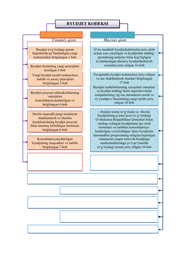 BYUDJET KODEKSI 
 
Umumiy qism 
Maxsus qism 
 
 
 
 
 
 
 
 
 
 
 
 
 
 
 
 
 
 
 
 
 
 
 
 
 
 
Konsolidatsiyalashtirilgan 
byudjetning maqsadlari va tarkibi 
belgilangan 7-bob 
Davlat maqsadli jamg‘armalarini 
shakllantirish va ulardan 
foydalanishning byudjet jarayoni 
bilan umumiy kelishilgan normalari 
belgilangan 6-bob 
―Byudjet tizimi to‘g‘risida va ―Davlat 
byudjetining g‘azna ijrosi to‘g‘risida‖gi 
O‘zbekiston Respublikasi Qonunlari bilan 
tartibga solingan byudjetlarni ijro etish 
normalari va tartiblari konsolidatsiya- 
lashtirilgan va kelishilgan. Quyi byudjetlar 
daromadlari prognozining ortiqcha bajarilgan 
summasini yuqori turuvchi byudjetga 
markazlashtirishga yo‘l qo‘ymaslik 
to‘g‘risidagi norma joriy etilgan 19-bob 
Byudjet jarayoni ishtirokchilarining 
vakolatlari    
konsolidatsiyalashtirilgan va 
belgilangan 4-bob 
Byudjet tashkilotlarining xarajatlari smetalari 
va byudjet mablag‘larini taqsimlovchilar 
xarajatlarining yig‘ma smetalarini tuzish va 
ro‘yxatdan o‘tkazishning yangi tartibi joriy 
etilgan 18-bob 
Yangi byudjet tasnifi tushunchasi, 
tarkibi va asosiy prinsiplari 
belgilangan 3-bob 
Favqulodda byudjet tushunchasi joriy etilgan 
va uni shakllantirish shartlari belgilangan 
17-bob 
Byudjet tizimining yangi prinsiplari 
kiritilgan 2-bob 
O‘rta muddatli byudjetlashtirishni joriy etish 
uchun asos yaratilgan va byudjetdan mablag‘ 
ajratishning natijalar bilan bog‘liqligini 
ta‘minlaydigan dasturiy byudjetdashtirish 
vositalari joriy etilgan 16-bob 
Byudjet to‘g‘risidagi qonun 
hujjatlarida qo‘llaniladigan yangi 
tushunchalar belgilangan 1-bob 

