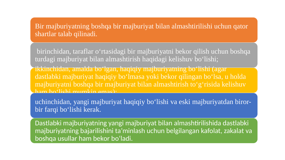 Bir majburiyatning boshqa bir majburiyat bilan almashtirilishi uchun qator 
shartlar talab qilinadi. 
 birinchidan, taraflar oʻrtasidagi bir majburiyatni bekor qilish uchun boshqa 
turdagi majburiyat bilan almashtirish haqidagi kelishuv boʻlishi; 
ikkinchidan, amalda boʻlgan, haqiqiy majburiyatning boʻlishi (agar 
dastlabki majburiyat haqiqiy boʻlmasa yoki bekor qilingan boʻlsa, u holda 
majburiyatni boshqa bir majburiyat bilan almashtirish toʻgʻrisida kelishuv 
ham boʻlishi mumkin emas); 
uchinchidan, yangi majburiyat haqiqiy boʻlishi va eski majburiyatdan biror-
bir farqi boʻlishi kerak.
Dastlabki majburiyatning yangi majburiyat bilan almashtirilishida dastlabki 
majburiyatning bajarilishini ta’minlash uchun belgilangan kafolat, zakalat va 
boshqa usullar ham bekor boʻladi.
