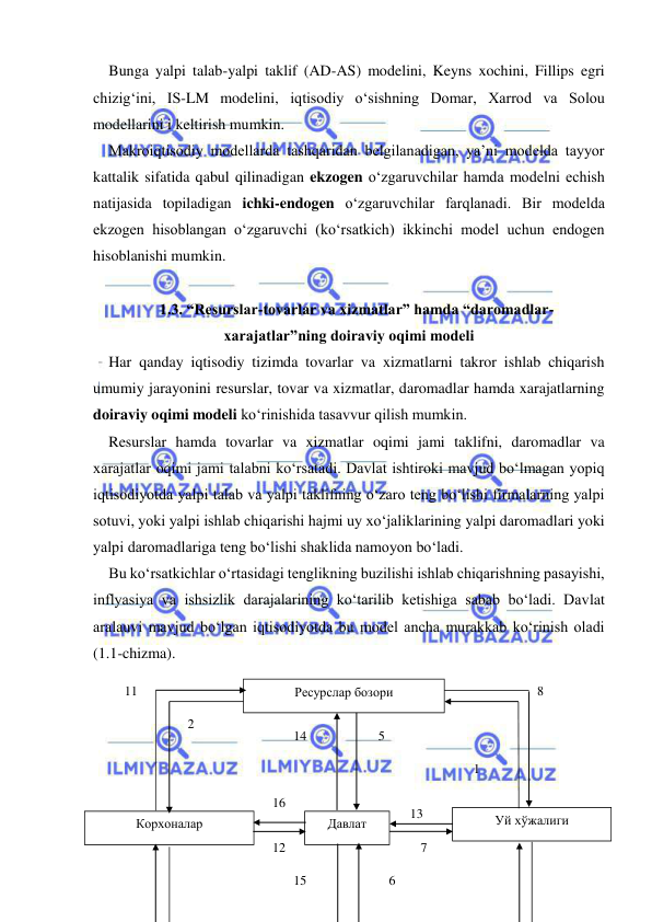  
 
Bunga yalpi talab-yalpi taklif (AD-AS) modelini, Keyns xochini, Fillips egri 
chizig‘ini, IS-LM modelini, iqtisodiy o‘sishning Domar, Xarrod va Solou 
modellarini i keltirish mumkin.  
Makroiqtisodiy modellarda tashqaridan belgilanadigan, ya’ni modelda tayyor 
kattalik sifatida qabul qilinadigan ekzogen o‘zgaruvchilar hamda modelni echish 
natijasida topiladigan ichki-endogen o‘zgaruvchilar farqlanadi. Bir modelda 
ekzogen hisoblangan o‘zgaruvchi (ko‘rsatkich) ikkinchi model uchun endogen 
hisoblanishi mumkin.  
 
1.3. “Resurslar-tovarlar va xizmatlar” hamda “daromadlar-
xarajatlar”ning doiraviy oqimi modeli 
Har qanday iqtisodiy tizimda tovarlar va xizmatlarni takror ishlab chiqarish 
umumiy jarayonini resurslar, tovar va xizmatlar, daromadlar hamda xarajatlarning 
doiraviy oqimi modeli ko‘rinishida tasavvur qilish mumkin.  
Resurslar hamda tovarlar va xizmatlar oqimi jami taklifni, daromadlar va 
xarajatlar oqimi jami talabni ko‘rsatadi. Davlat ishtiroki mavjud bo‘lmagan yopiq 
iqtisodiyotda yalpi talab va yalpi taklifning o‘zaro teng bo‘lishi firmalarning yalpi 
sotuvi, yoki yalpi ishlab chiqarishi hajmi uy xo‘jaliklarining yalpi daromadlari yoki 
yalpi daromadlariga teng bo‘lishi shaklida namoyon bo‘ladi.  
Bu ko‘rsatkichlar o‘rtasidagi tenglikning buzilishi ishlab chiqarishning pasayishi, 
inflyasiya va ishsizlik darajalarining ko‘tarilib ketishiga sabab bo‘ladi. Davlat 
aralauvi mavjud bo‘lgan iqtisodiyotda bu model ancha murakkab ko‘rinish oladi 
(1.1-chizma). 
 
 
  
  
 
 
 
Ресурслар бозори 
Уй хўжалиги 
Корхоналар  
Давлат 
1 
2 
5 
6 
7 
8 
11 
12 
13 
14 
15 
16 
