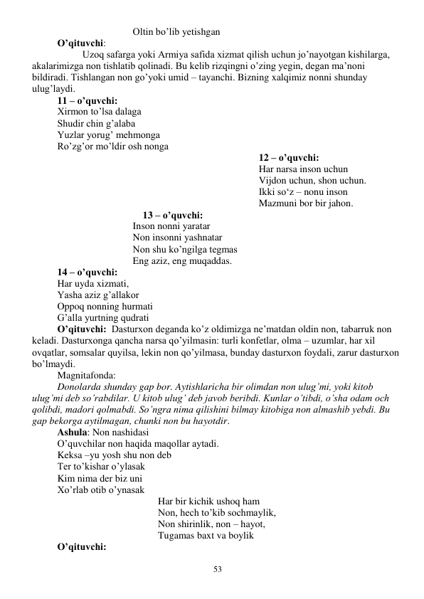  
53 
Oltin bo’lib yetishgan 
O’qituvchi: 
 
Uzoq safarga yoki Armiya safida xizmat qilish uchun jo’nayotgan kishilarga, 
akalarimizga non tishlatib qolinadi. Bu kelib rizqingni o’zing yegin, degan ma’noni 
bildiradi. Tishlangan non go’yoki umid – tayanchi. Bizning xalqimiz nonni shunday 
ulug’laydi. 
11 – o’quvchi: 
Xirmon to’lsa dalaga 
Shudir chin g’alaba 
Yuzlar yorug’ mehmonga 
Ro’zg’or mo’ldir osh nonga 
12 – o’quvchi: 
Har narsa inson uchun 
Vijdon uchun, shon uchun. 
Ikki so‘z – nonu inson 
Mazmuni bor bir jahon. 
    13 – o’quvchi: 
Inson nonni yaratar 
Non insonni yashnatar 
Non shu ko’ngilga tegmas 
Eng aziz, eng muqaddas. 
14 – o’quvchi: 
Har uyda xizmati, 
Yasha aziz g’allakor 
Oppoq nonning hurmati 
G’alla yurtning qudrati 
O’qituvchi:  Dasturxon deganda ko’z oldimizga ne’matdan oldin non, tabarruk non 
keladi. Dasturxonga qancha narsa qo’yilmasin: turli konfetlar, olma – uzumlar, har xil 
ovqatlar, somsalar quyilsa, lekin non qo’yilmasa, bunday dasturxon foydali, zarur dasturxon 
bo’lmaydi. 
Magnitafonda: 
Donolarda shunday gap bor. Aytishlaricha bir olimdan non ulug’mi, yoki kitob 
ulug’mi deb so’rabdilar. U kitob ulug’ deb javob beribdi. Kunlar o’tibdi, o’sha odam och 
qolibdi, madori qolmabdi. So’ngra nima qilishini bilmay kitobiga non almashib yebdi. Bu 
gap bekorga aytilmagan, chunki non bu hayotdir.  
Ashula: Non nashidasi 
O’quvchilar non haqida maqollar aytadi. 
Keksa –yu yosh shu non deb 
Ter to’kishar o’ylasak 
Kim nima der biz uni 
Xo’rlab otib o’ynasak 
Har bir kichik ushoq ham 
Non, hech to’kib sochmaylik, 
Non shirinlik, non – hayot, 
Tugamas baxt va boylik 
O’qituvchi:  
