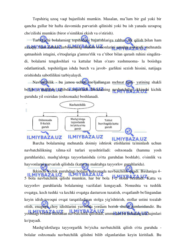 16 
 
 
Topshiriq uzoq vaqt bajarilishi mumkin. Masalan, ma’lum bir gul yoki bir 
qancha gullar bir hafta davomida parvarish qilinishi yoki bu ish yanada uzoqroq 
cho'zilishi mumkin (biror o'simlikni ekish va o'stirish). 
Tarbiyachi bolalarning topshiriqni bajarishlariga rahbar- lik qilish bilan ham 
axloqiy, ham mehnat tarbiyasining muhim tomonlarini amalga oshiradi, mehnatda 
qatnashish istagini, o'rtoqlariga g'amxo'rlik va e’tibor bilan qarash ruhini singdira- 
di, bolalarni tengdoshlari va kattalar bilan o'zaro xushmuoma- la boiishga 
odatlantiradi, topshirilgan ishda burch va javob- garlikni sezish hissini, natijaga 
erishishda sabotlilikni tarbiyalaydi. 
Navbatchilik - bu jamoa uchun mo'ljallangan mehnat faoli- yatining shakli 
bo'lib, u majburiy tartibda bajariladi. Bolalarning navbatchiligi ikkinchi kichik 
guruhda yil oxiridan (oshxonada) boshlanadi. 
 
 
Barcha bolalarning mehnatda doimiy ishtirok etishlarini ta'minlash uchun 
navbatchilikning xilma-xil turlari uyushtiriladi: oshxonada (hamma yosh 
guruhlarida), mashg'ulotga tayyorlanishda (o'rta guruhdan boshlab), o'simlik va 
hayvonlarni parvarish qilishda (katta va maktabga tayyorlov guruhlarida). 
Ikkinchi kichik guruhdagi bolalar oshxonada navbatchilik qiladi. Birdaniga 4-
5 bola navbatchilik qilishi mumkin, har bir bola 1-2 stolni bezatadi. Katta va 
tayyorlov guruhlarida bolalarning vazifalari kengayadi. Nonushta va tushlik 
ovqatga, kech tushki va kechki ovqatga dasturxon tuzatish, ovqatlanib bo'lingandan 
keyin idish-tovoqni ovqat tarqatiladigan stolga yig'ishtirish, stollar ustini tozalab 
olish, enagaga choy idishlarini yuvishda yordam berish shular jumlasidandir. Bu 
yoshdagi bolalar ikkitadan navbatchilik qilishadi, ammo har bir bolaning ish hajmlari 
ko'payadi. 
Mashg'uIotJarga tayyorgarlik bo'yicha navbatchilik qilish o'rta guruhda - 
bolalar oshxonada navbatchilik qilishni bilib olganlaridan keyin kiritiladi. Bu 
